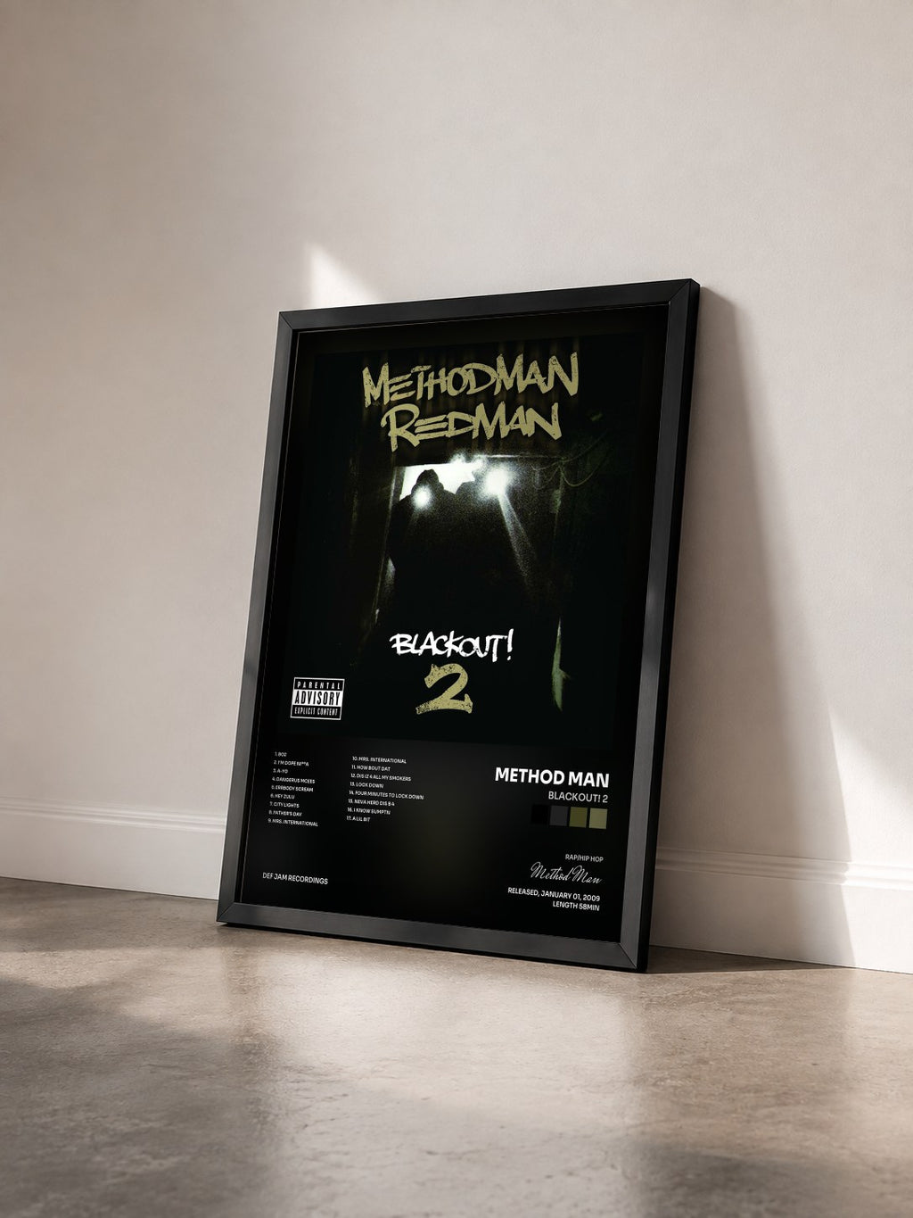 #noir Tableau de l'album Blackout! 2 de Method Man vu de trois quarts, cadre noir