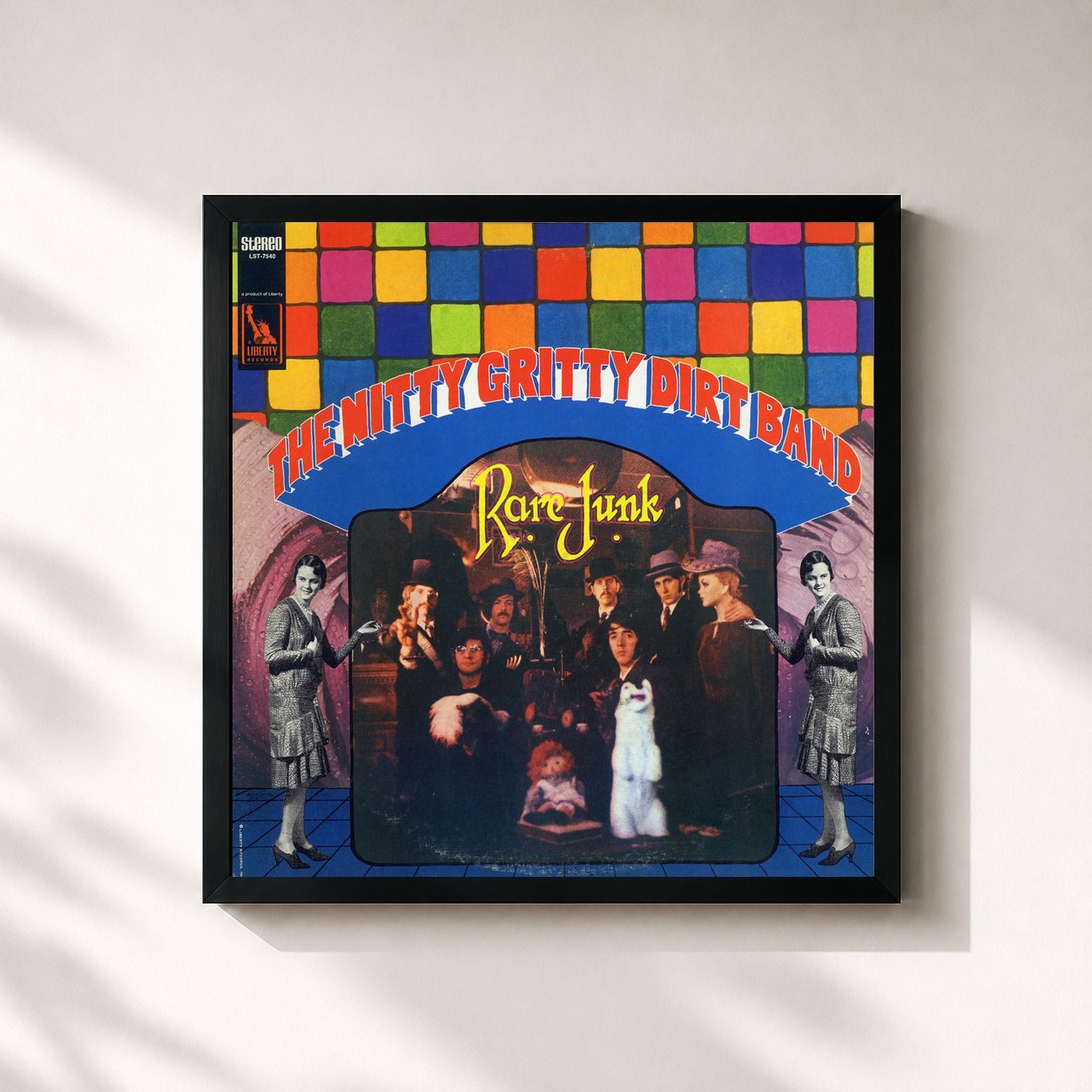 #noir Tableau carré de l'album Rare Junk de Nitty Gritty Dirt Band, cadre noir 32x32 cm