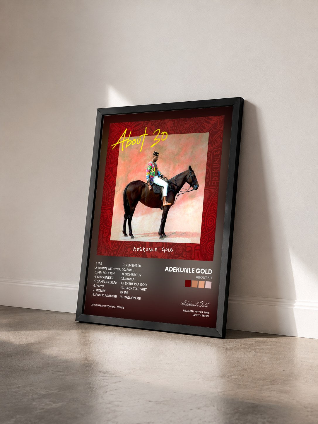 #noir Tableau de l'album About 30 de Adekunle Gold vu de trois quarts, cadre noir