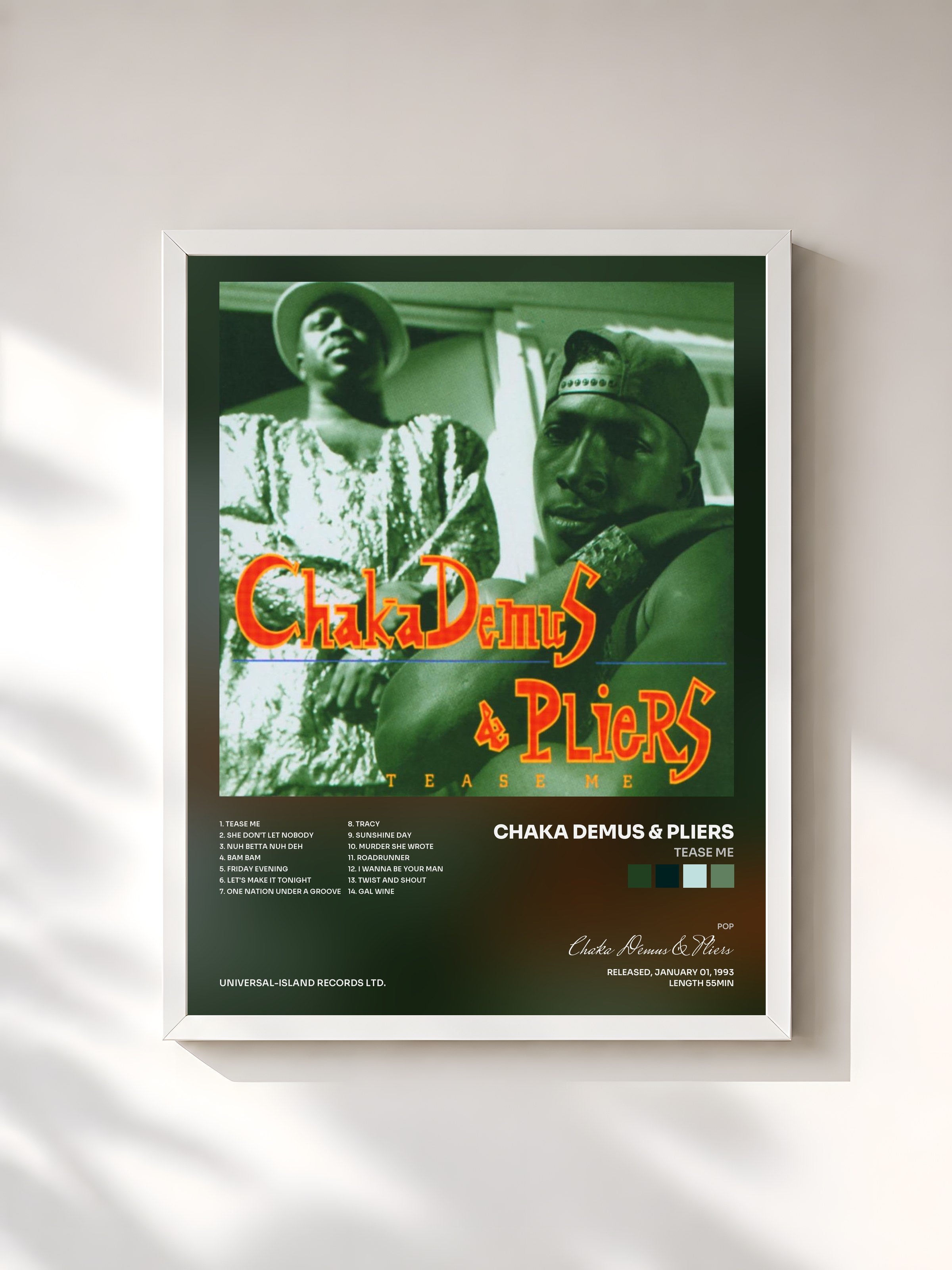 #blanc Tableau de l'album Tease Me de Chaka Demus & Pliers, cadre blanc, imprimé et encadré en France
