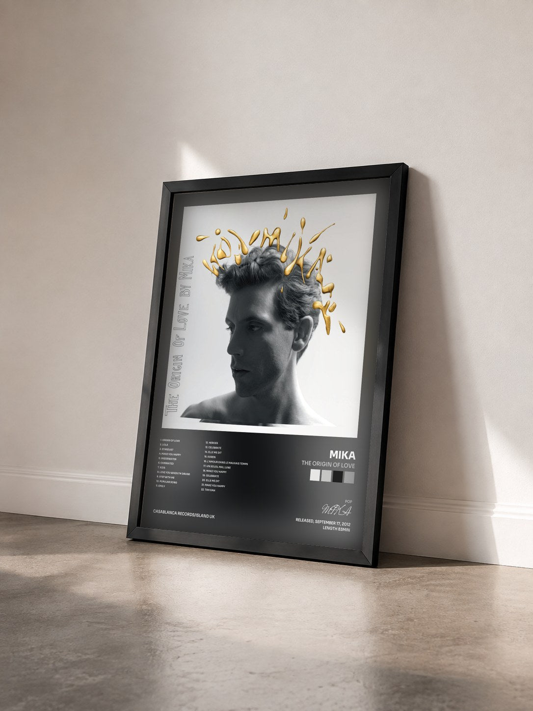 #noir The Origin Of Love by MIKA as a framed art print seen at an angle, black frame