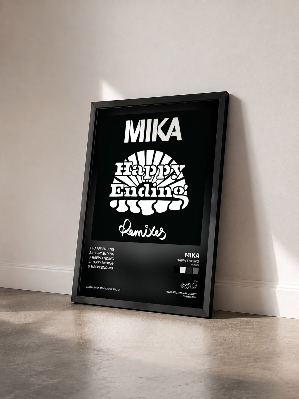 #noir Happy Ending (Remixes) de MIKA en lámina enmarcada vista de tres cuartos, marco negro