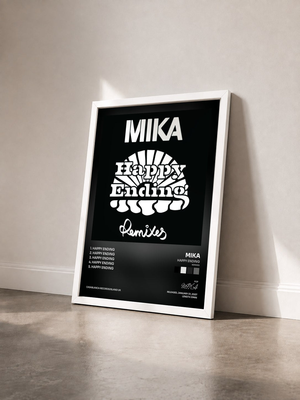 #blanc Happy Ending (Remixes) de MIKA en lámina enmarcada vista de tres cuartos, marco blanco