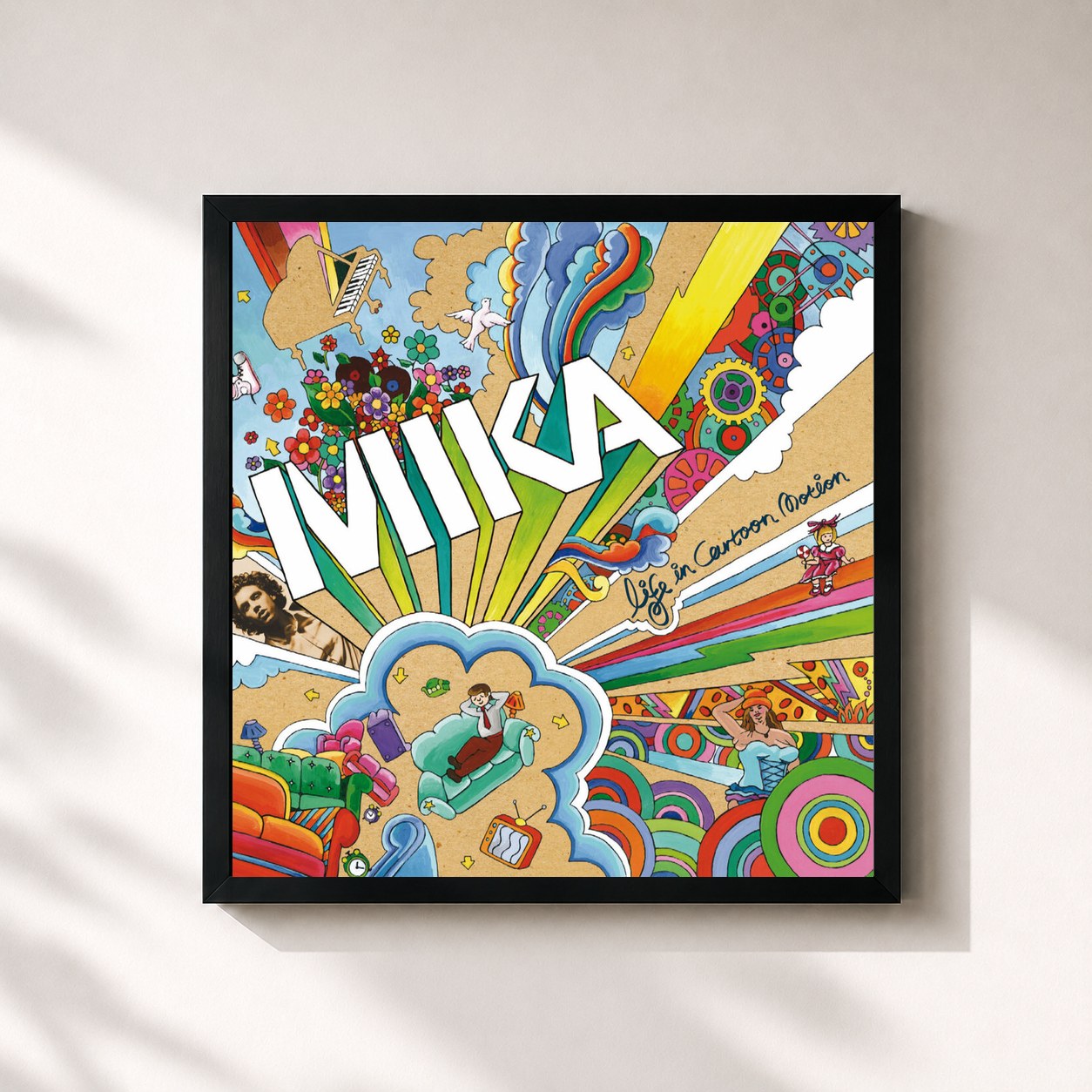 #noir Tableau carré de l'album Life In Cartoon Motion de MIKA, cadre noir 32x32 cm