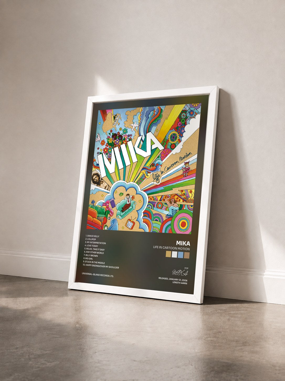 #blanc Tableau de l'album Life In Cartoon Motion de MIKA vu de trois quarts, cadre blanc