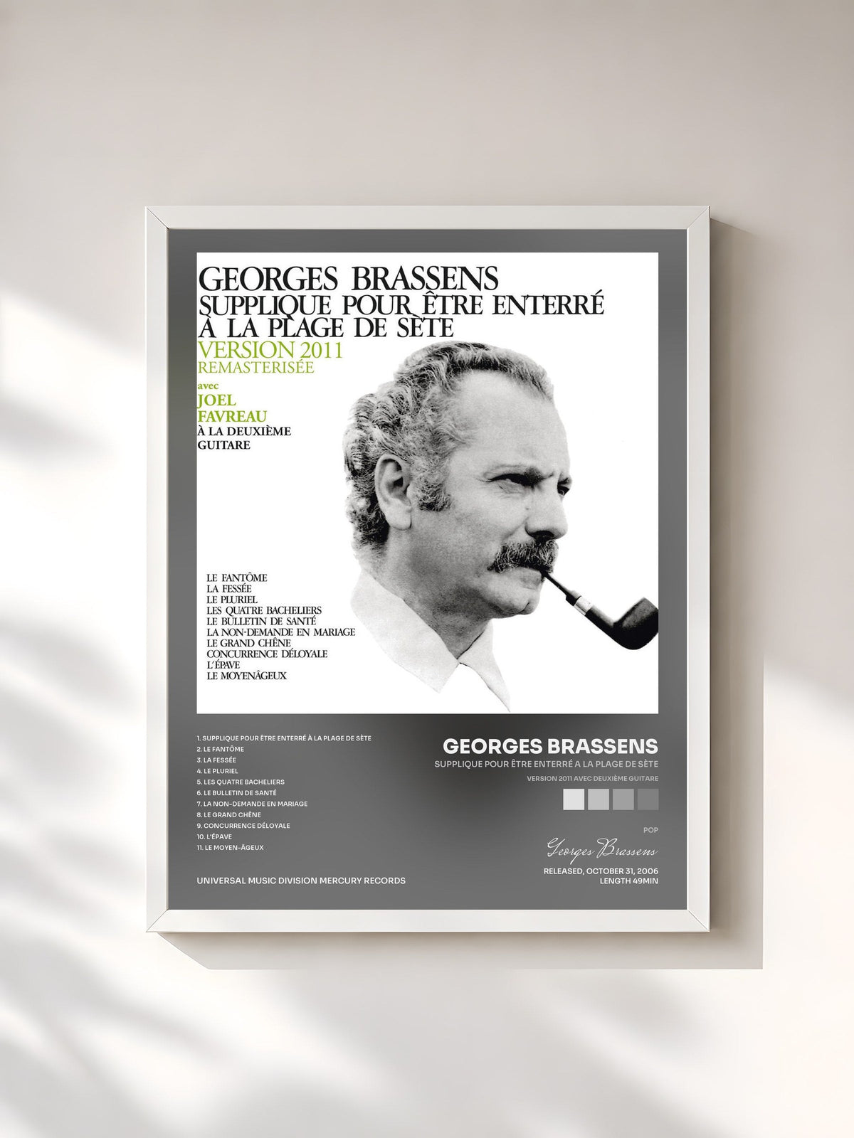 #blanc Tableau de l'album Supplique Pour Être Enterré A La Plage De Sète (Version 2011 Avec Deuxième Guitare) de Georges Brassens, cadre blanc, imprimé et encadré en France