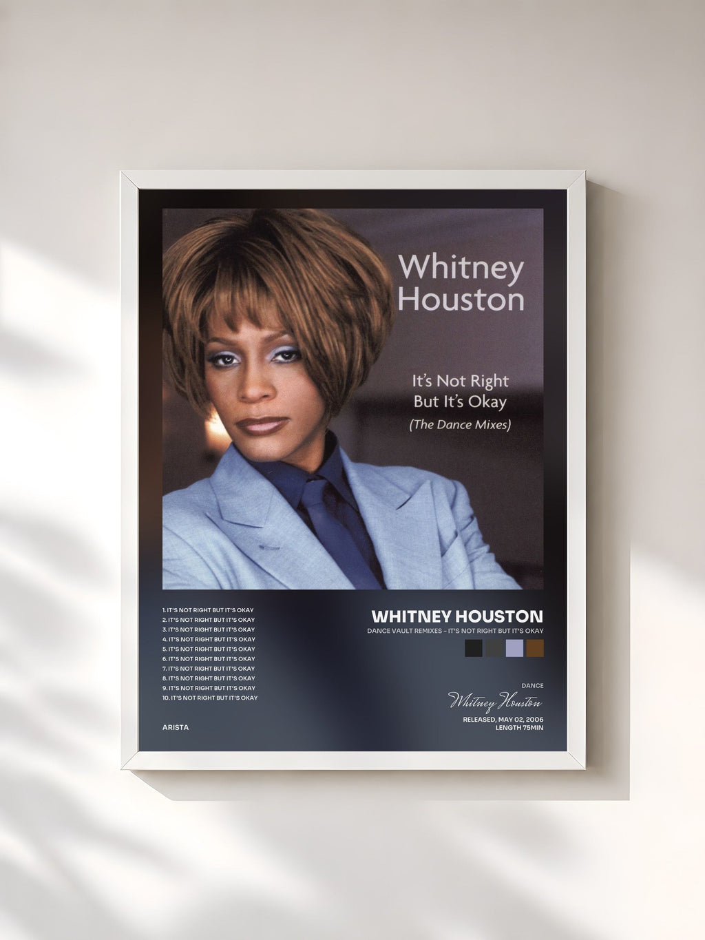 #blanc Tableau de l'album Dance Vault Remixes - It's Not Right But It's Okay de Whitney Houston, cadre blanc, imprimé et encadré en France