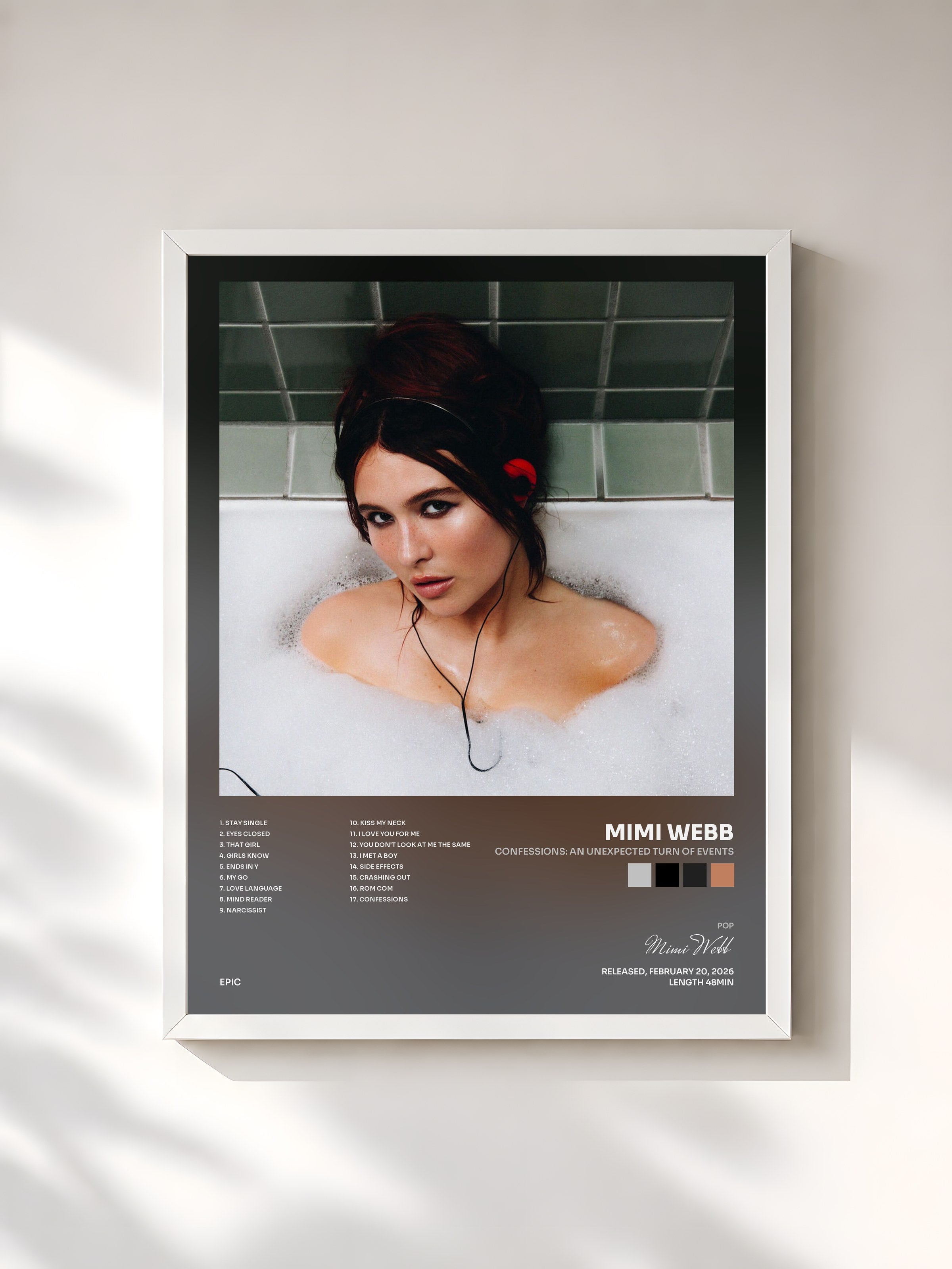 #blanc Tableau de l'album Confessions: An Unexpected Turn of Events de Mimi Webb, cadre blanc, imprimé et encadré en France