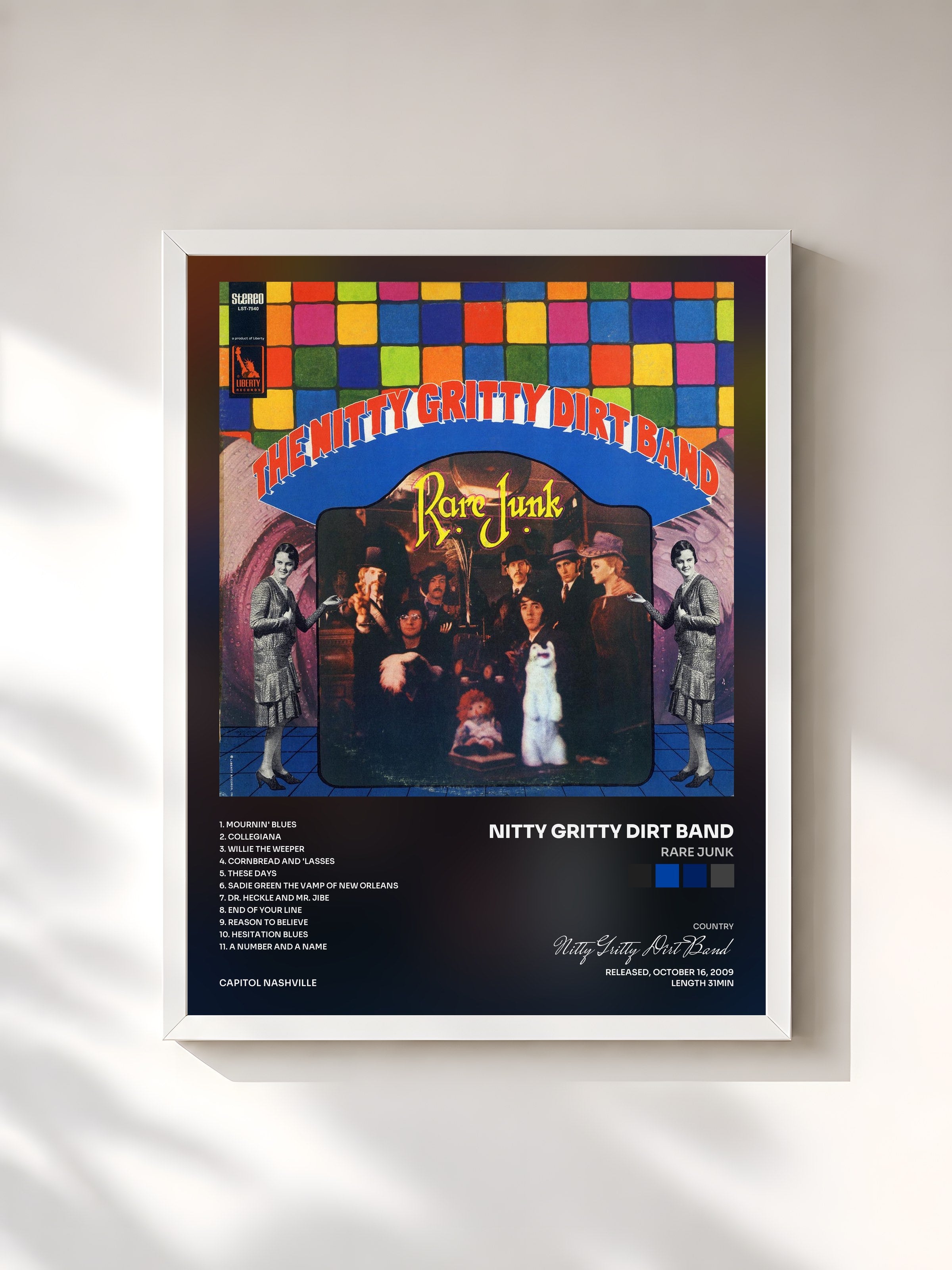 #blanc Tableau de l'album Rare Junk de Nitty Gritty Dirt Band, cadre blanc, imprimé et encadré en France