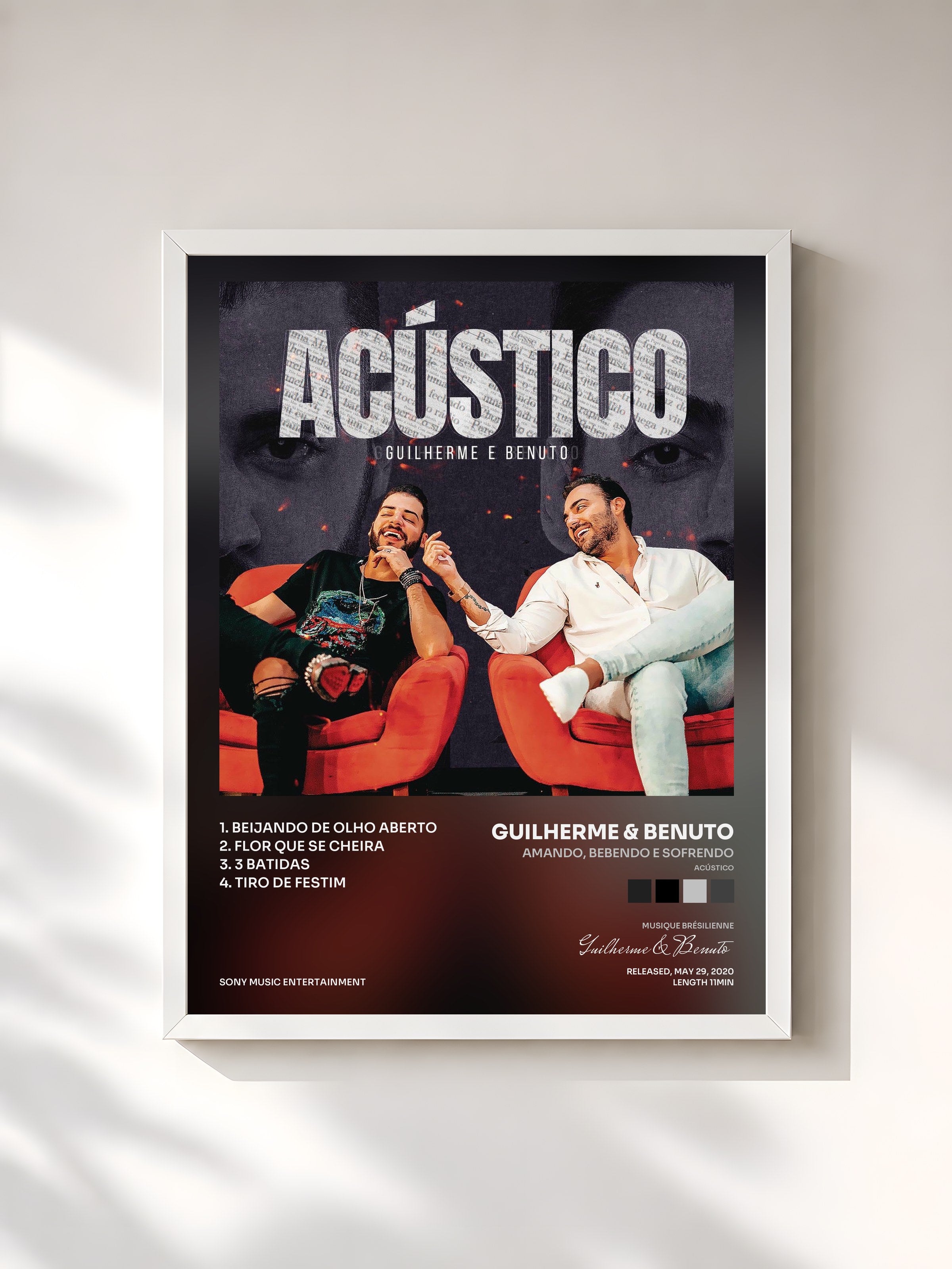 #blanc Tableau de l'album Amando, Bebendo e Sofrendo (Acústico) de Guilherme & Benuto, cadre blanc, imprimé et encadré en France