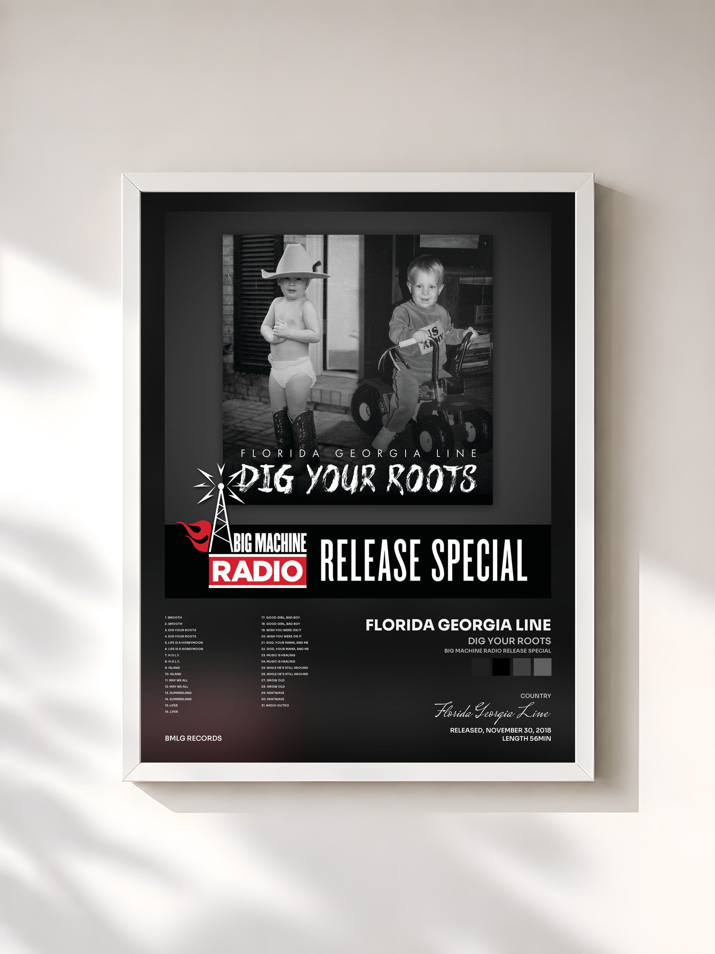 #blanc Tableau de l'album Dig Your Roots (Big Machine Radio Release Special) de Florida Georgia Line, cadre blanc, imprimé et encadré en France