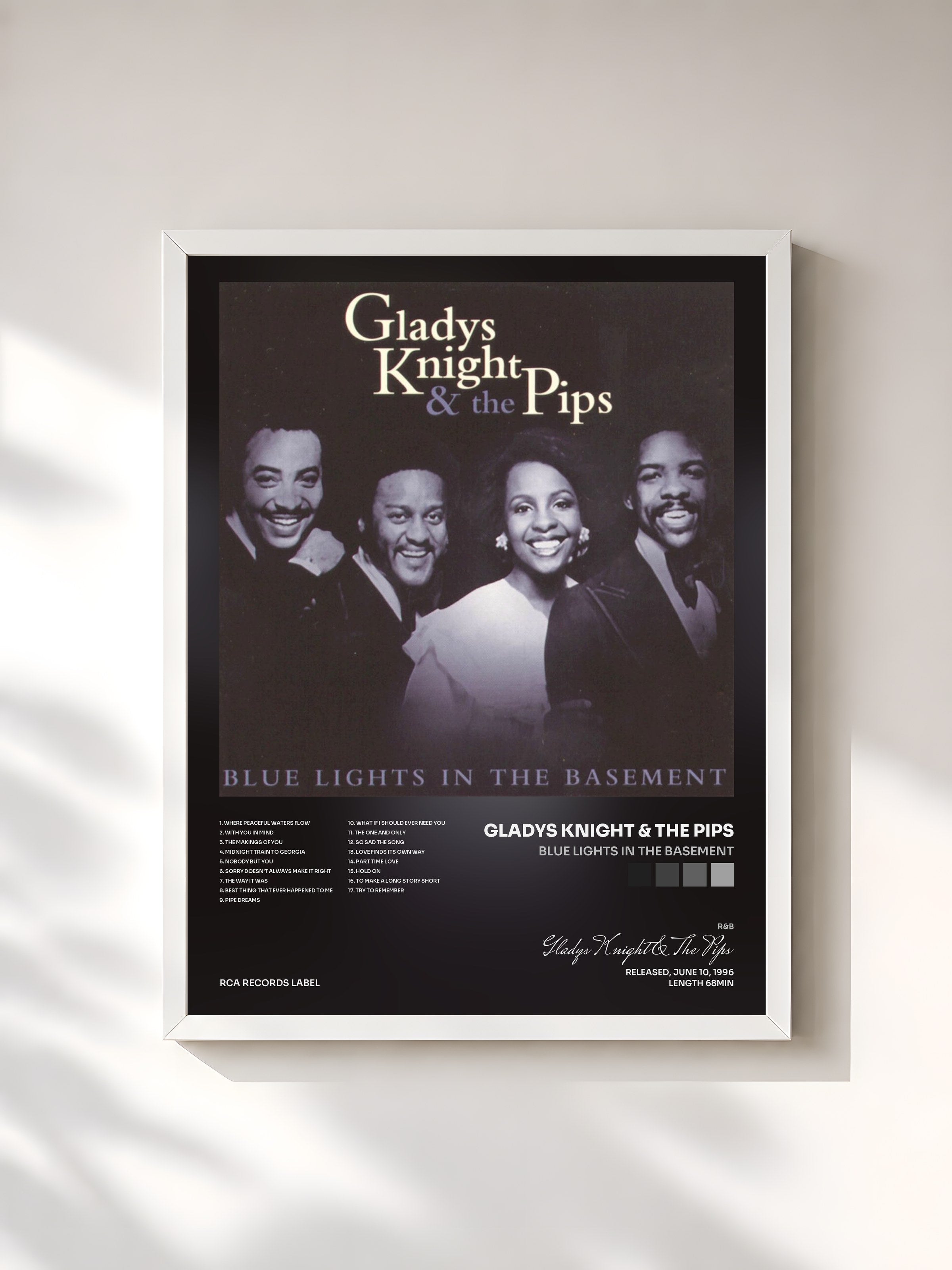 #blanc Tableau de l'album Blue Lights In The Basement de Gladys Knight & The Pips, cadre blanc, imprimé et encadré en France
