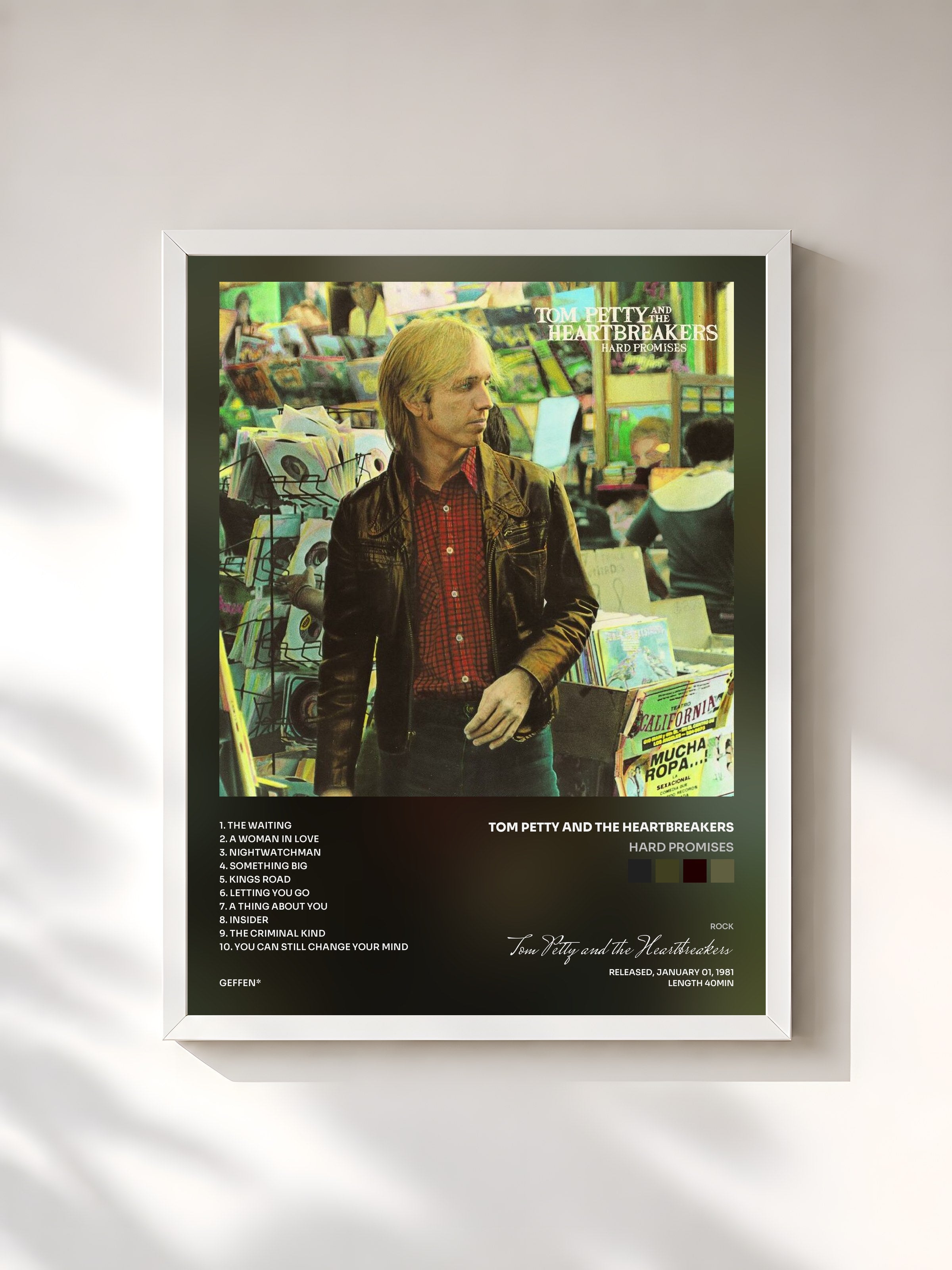 #blanc Tableau de l'album Hard Promises de Tom Petty and the Heartbreakers, cadre blanc, imprimé et encadré en France