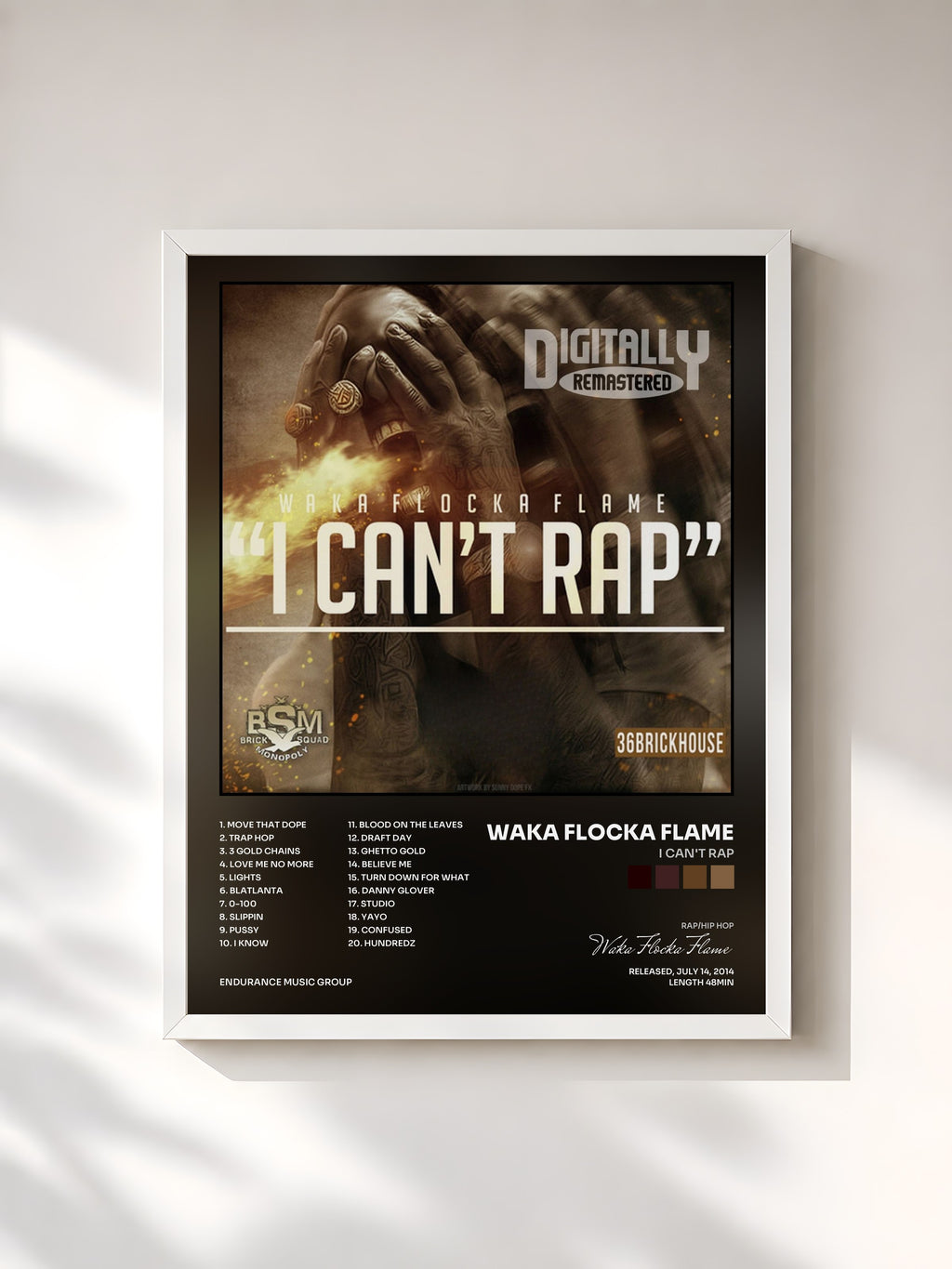 #blanc Tableau de l'album I Can't Rap de Waka Flocka Flame, cadre blanc, imprimé et encadré en France