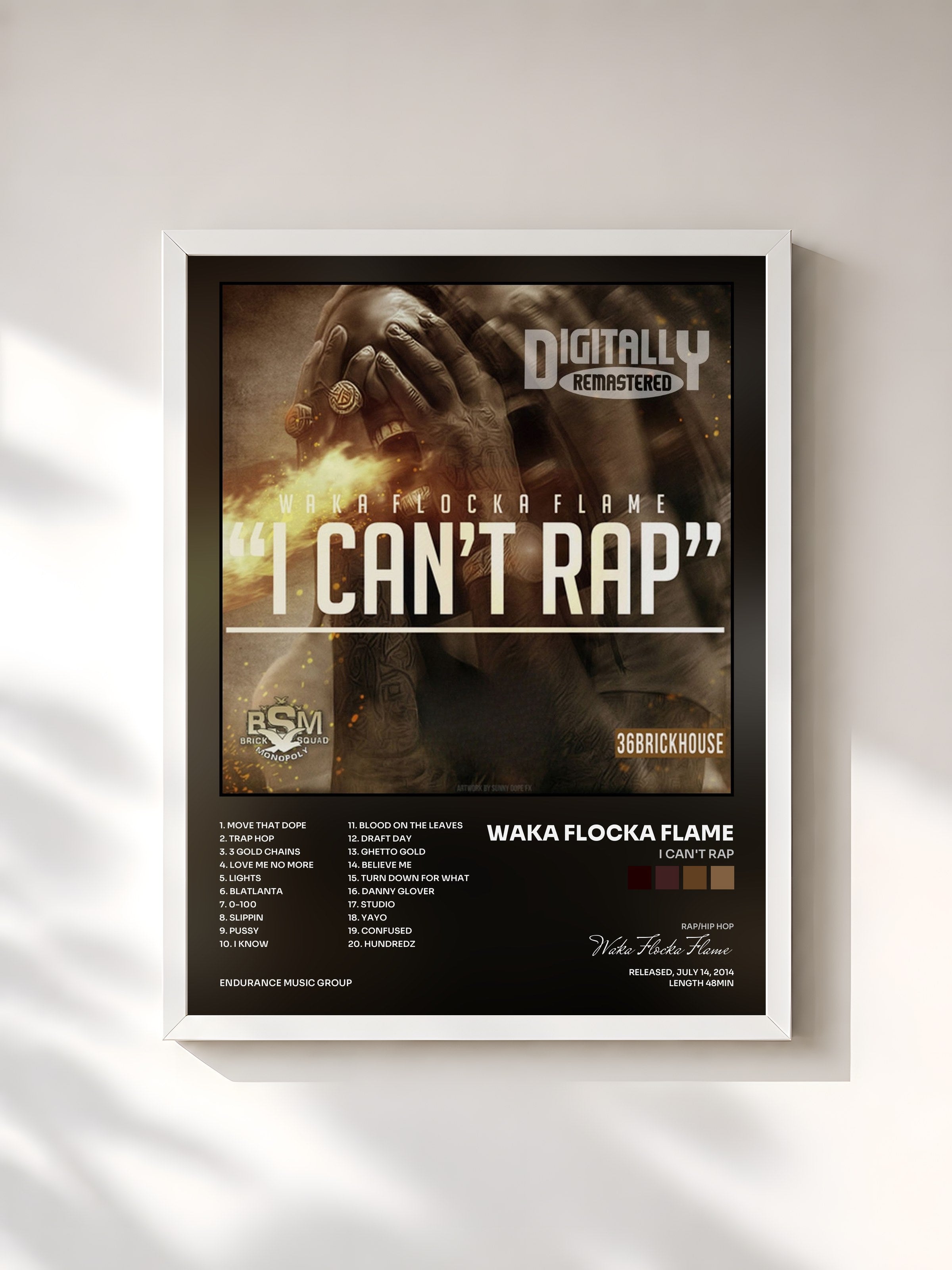#blanc Tableau de l'album I Can't Rap de Waka Flocka Flame, cadre blanc, imprimé et encadré en France
