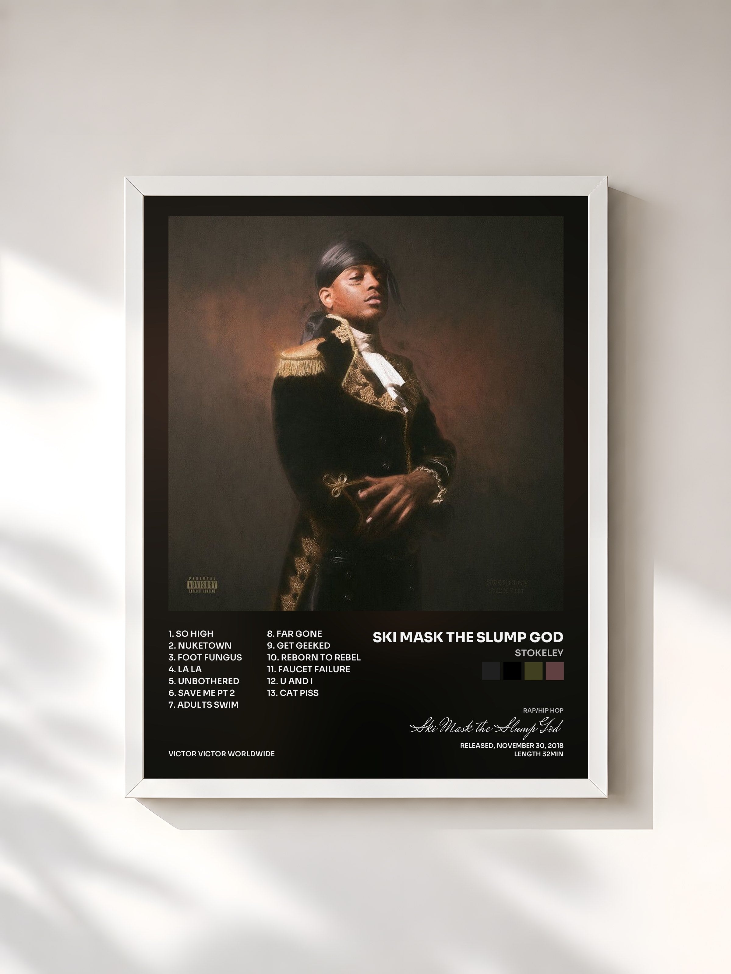#blanc Tableau de l'album STOKELEY de Ski Mask the Slump God, cadre blanc, imprimé et encadré en France