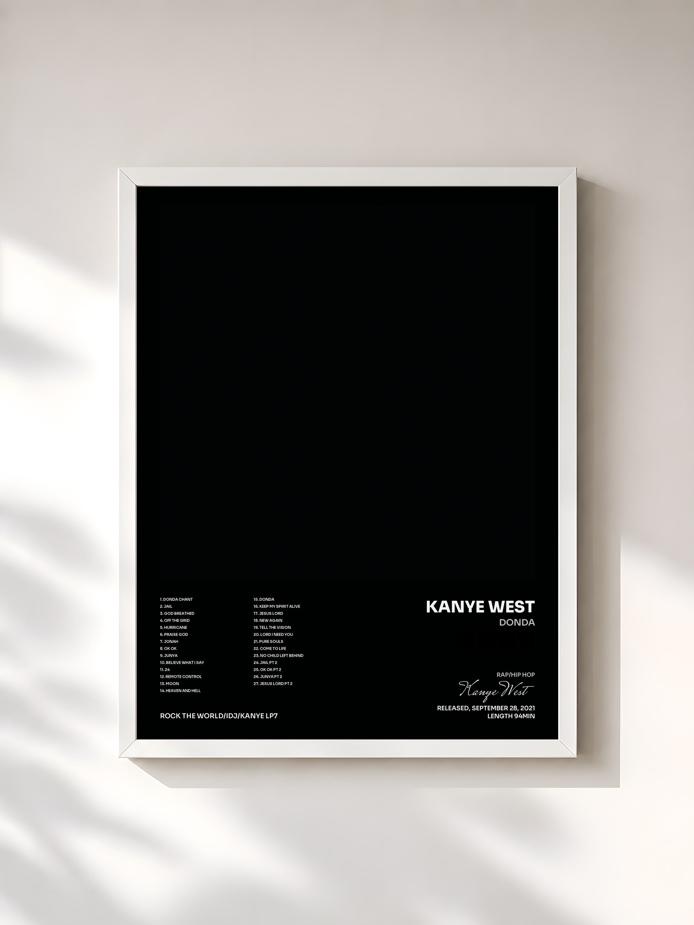 #blanc Donda by Kanye West as a framed art print, white frame, printed and framed in France