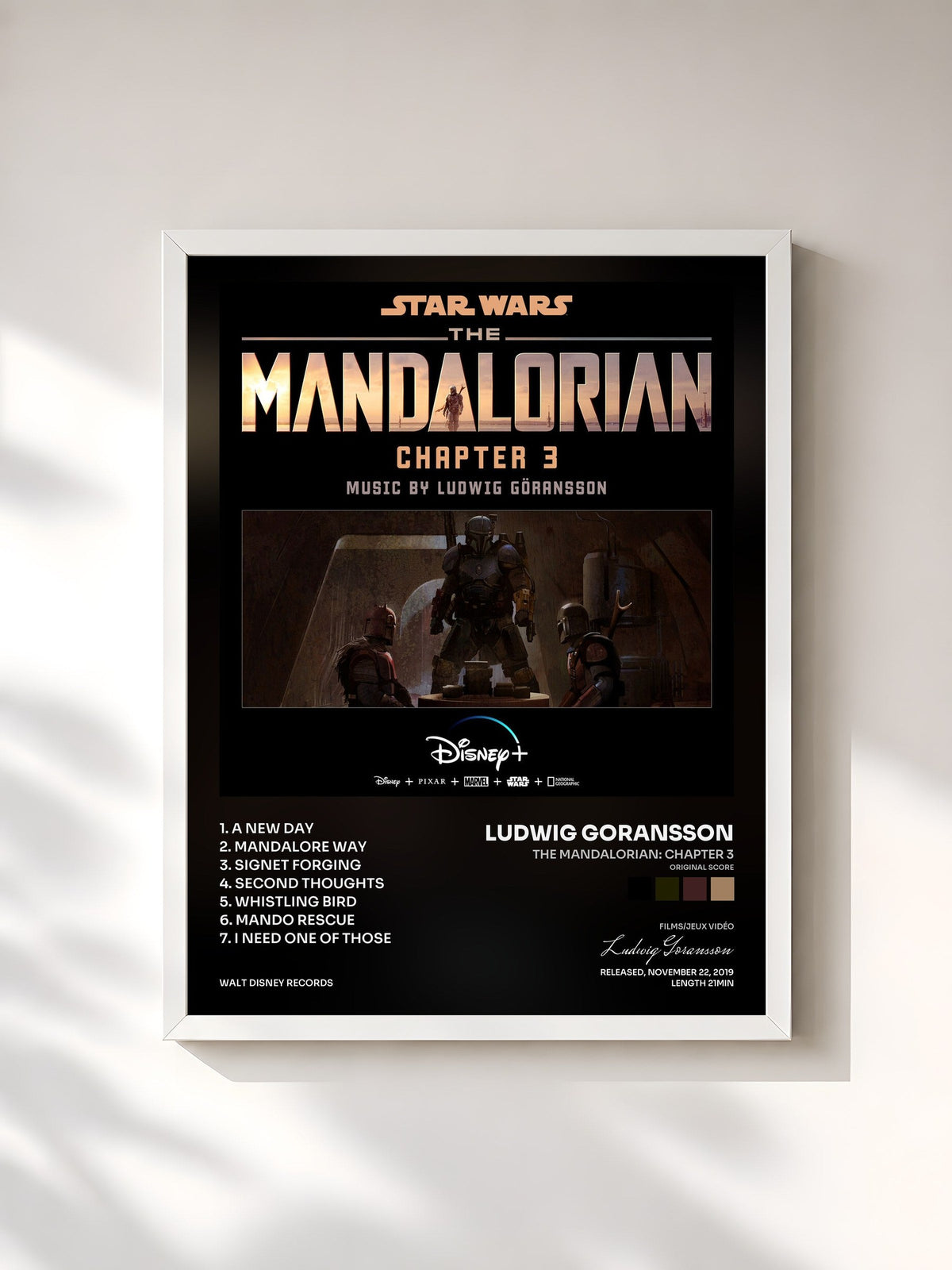 #blanc Tableau de l'album The Mandalorian: Chapter 3 (Original Score) de Ludwig Goransson, cadre blanc, imprimé et encadré en France