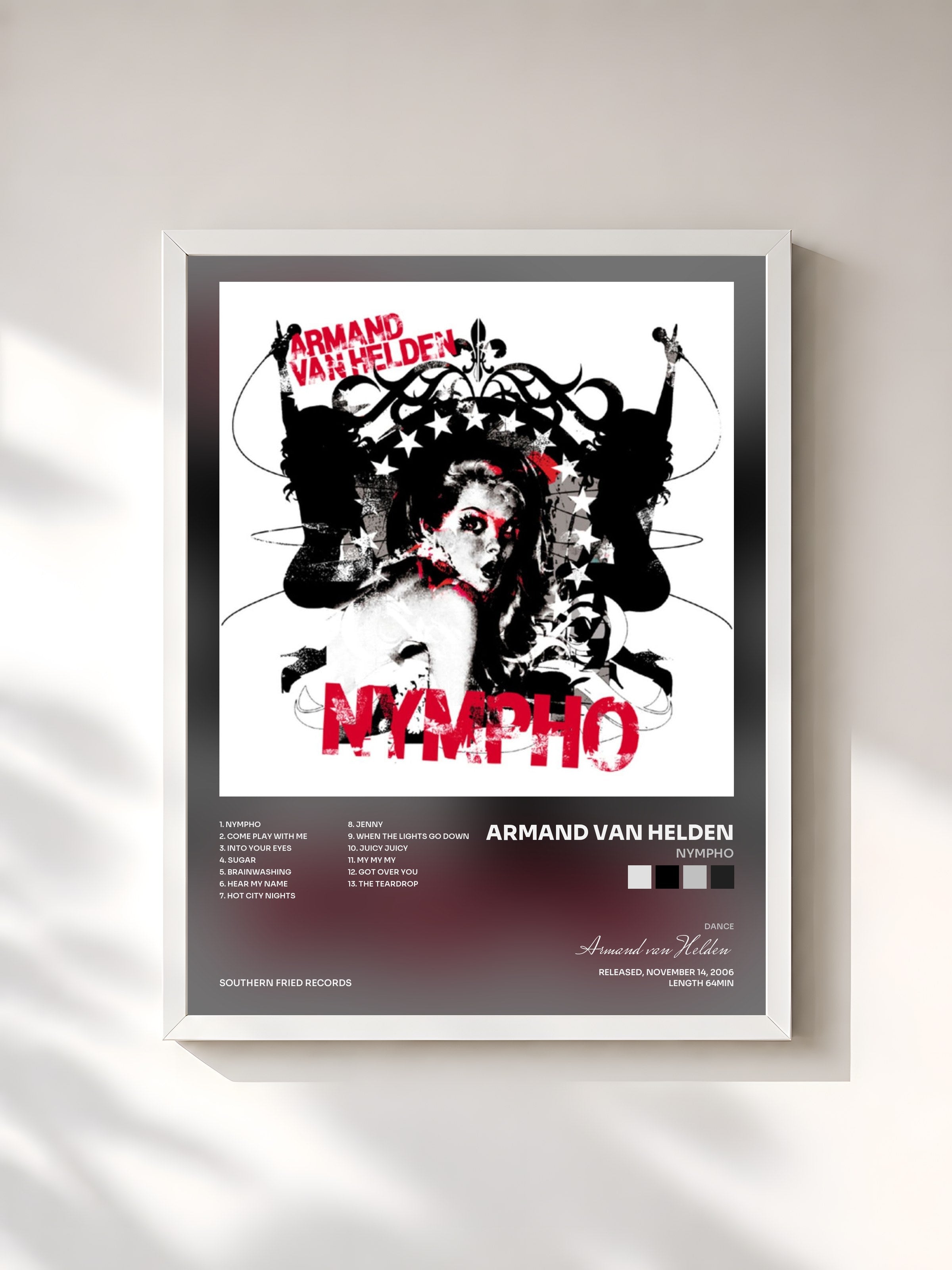 #blanc Tableau de l'album Nympho de Armand van Helden, cadre blanc, imprimé et encadré en France