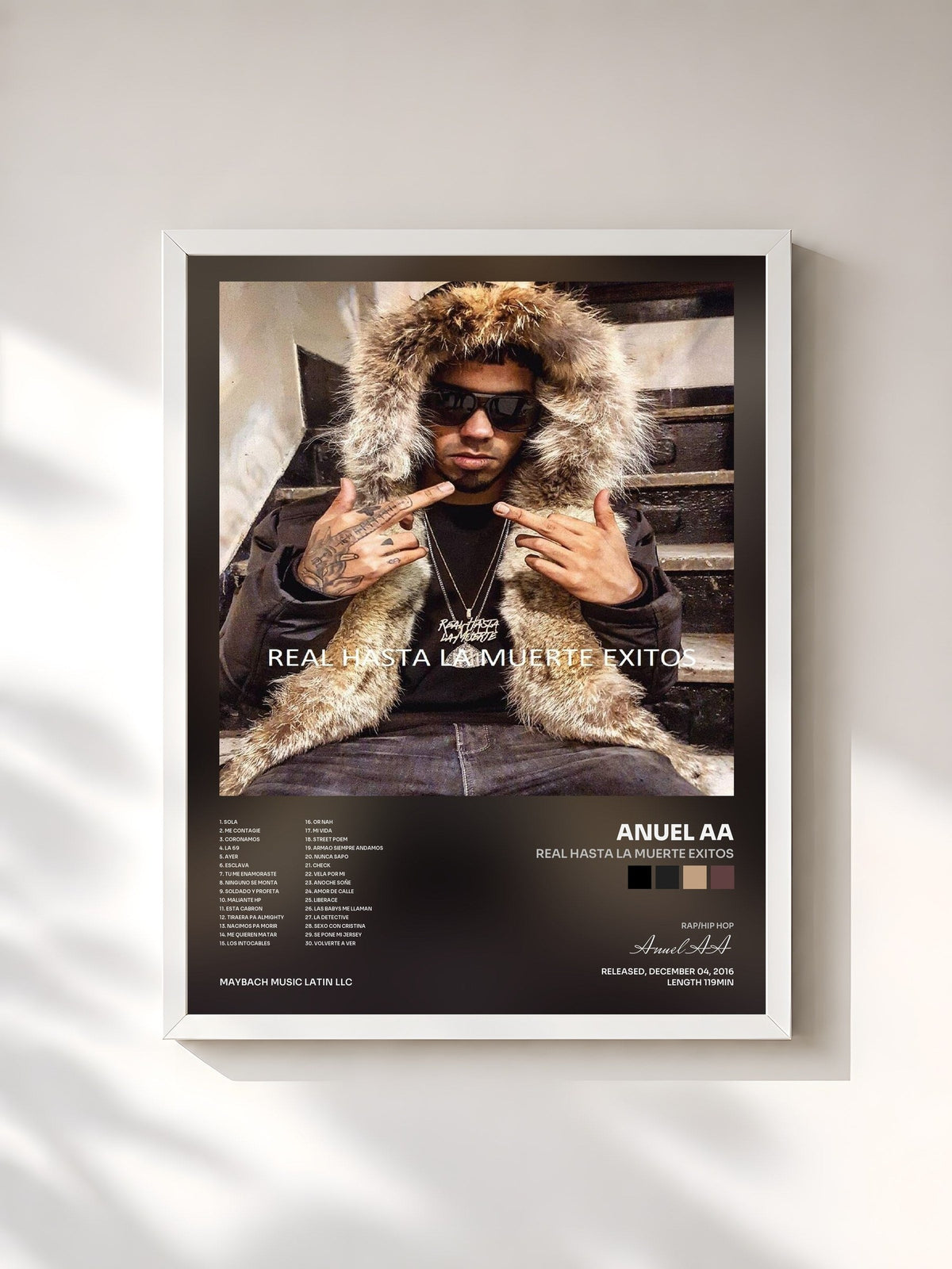 #blanc Tableau de l'album Real Hasta la Muerte Exitos de Anuel AA, cadre blanc, imprimé et encadré en France
