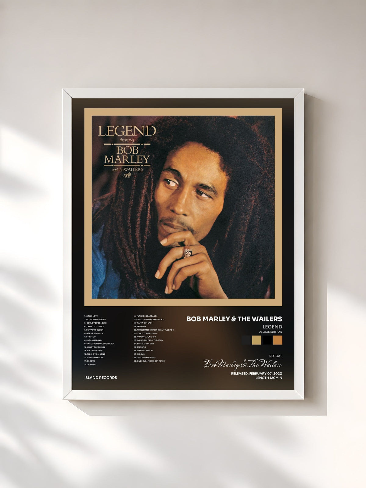#blanc Tableau de l'album Legend (Deluxe Edition) de Bob Marley & The Wailers, cadre blanc, imprimé et encadré en France