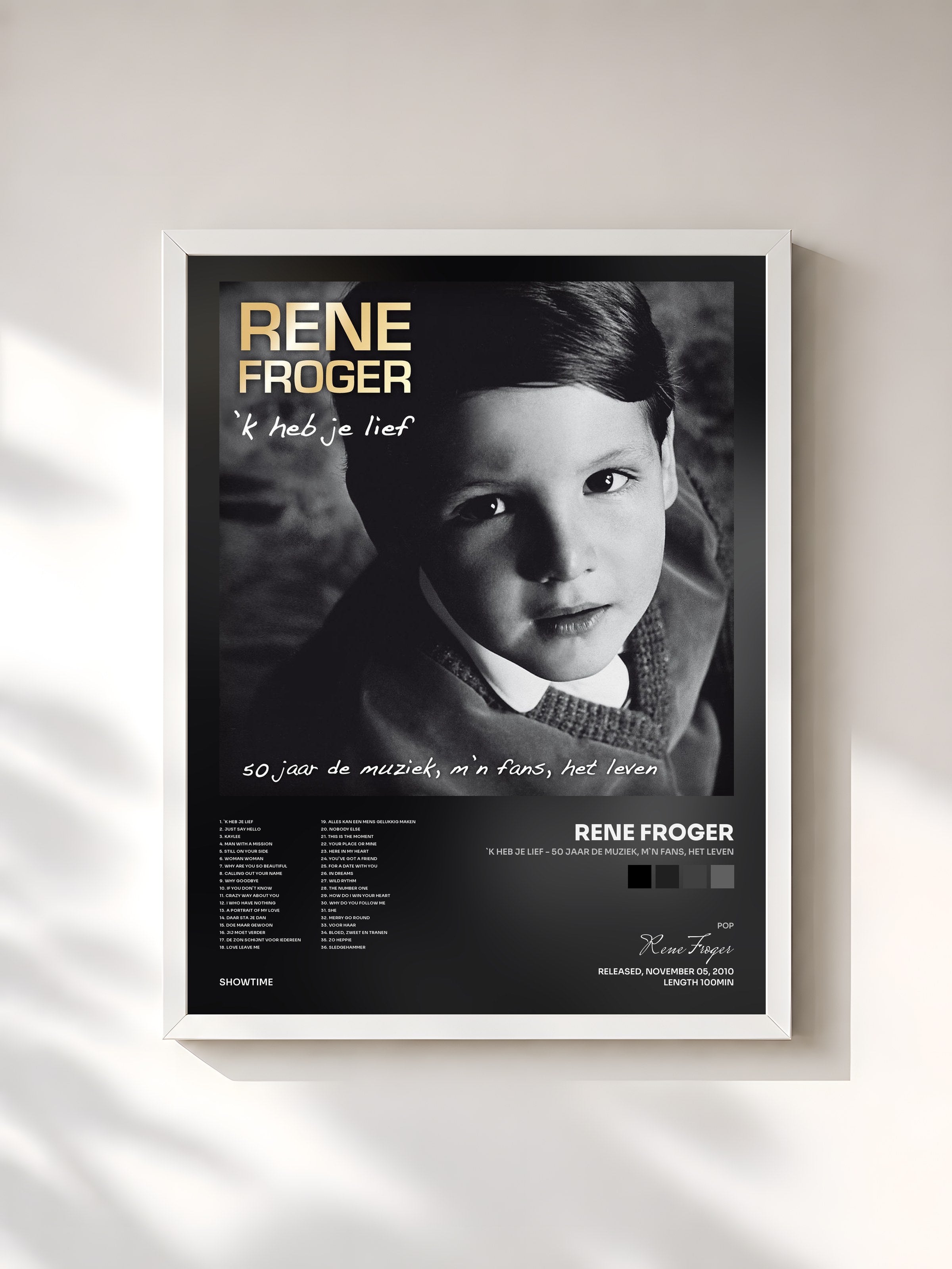 #blanc Tableau de l'album `K Heb Je Lief - 50 jaar de muziek, M`n fans, het leven de Rene Froger, cadre blanc, imprimé et encadré en France