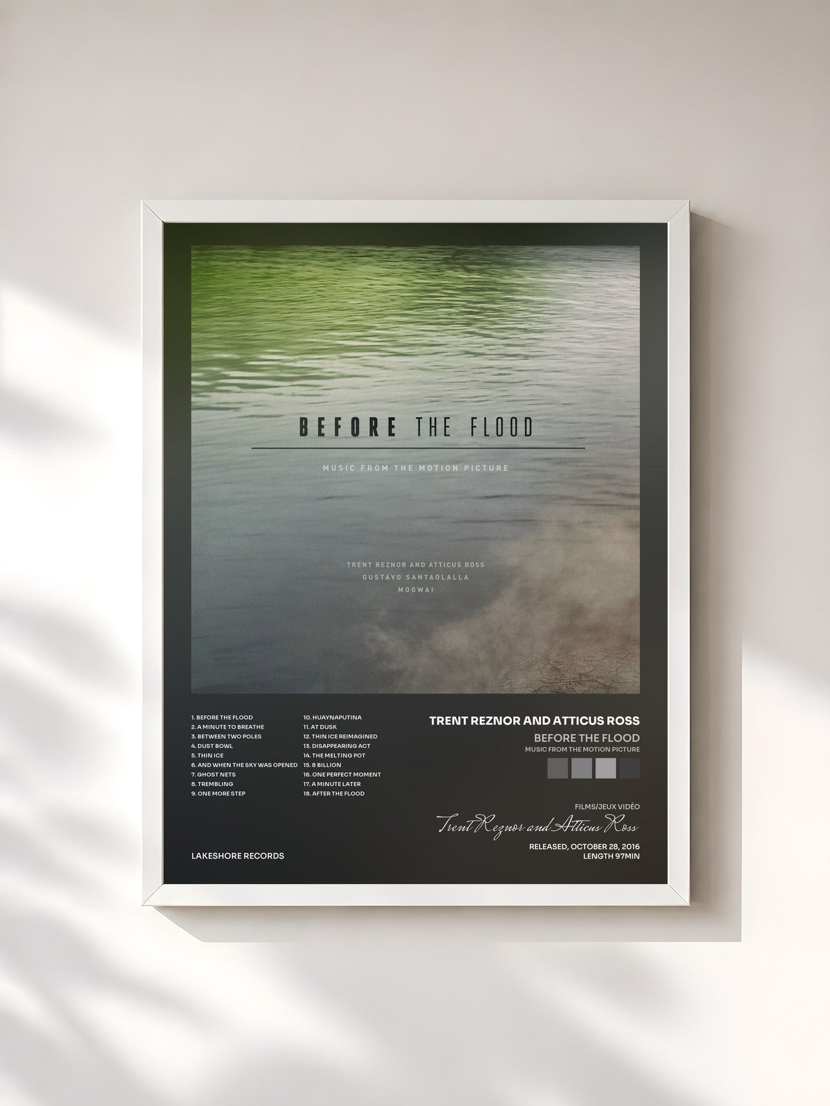 #blanc Tableau de l'album Before the Flood (Music from the Motion Picture) de Trent Reznor and Atticus Ross, cadre blanc, imprimé et encadré en France