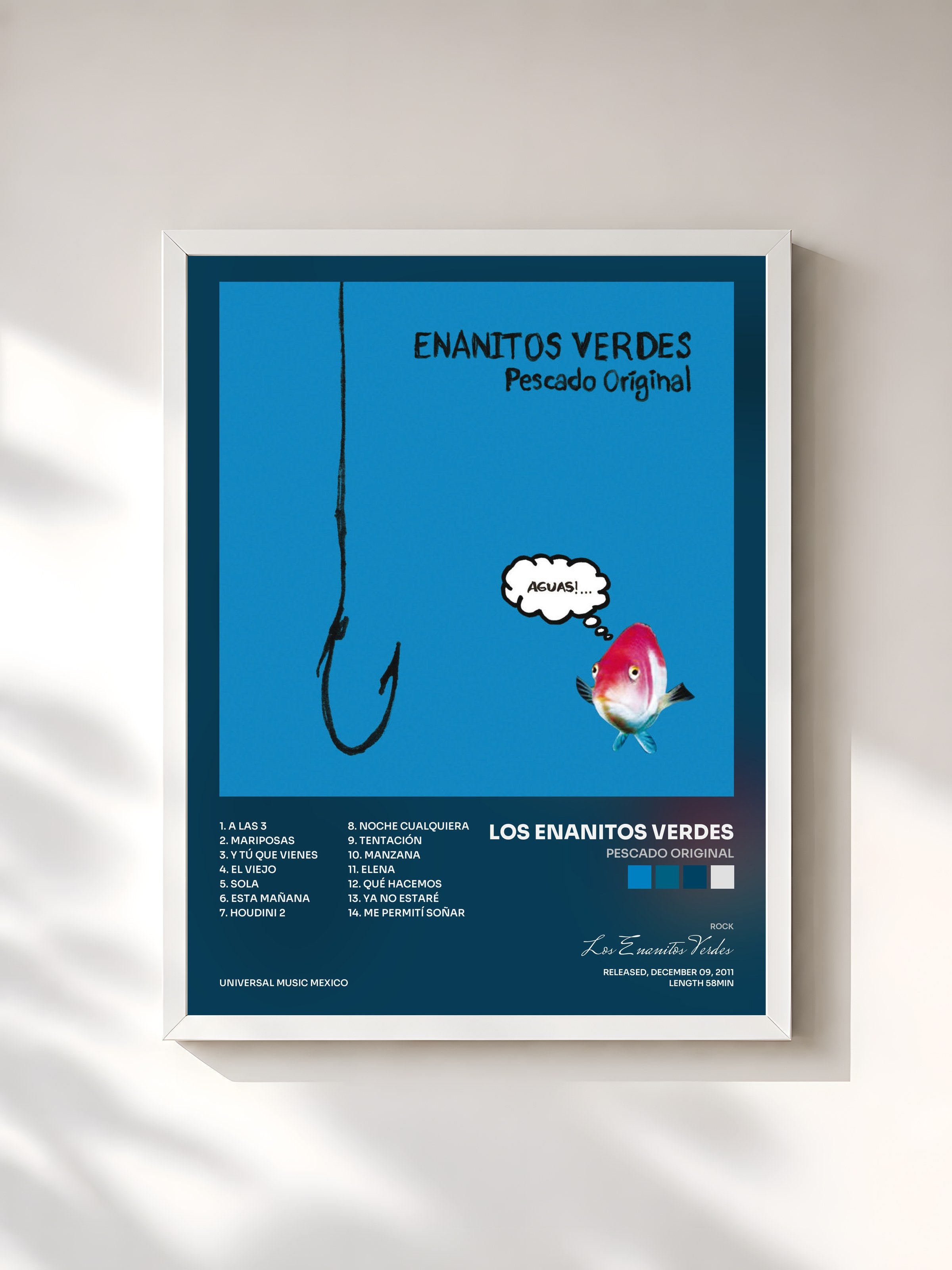 #blanc Tableau de l'album Pescado Original de Los Enanitos Verdes, cadre blanc, imprimé et encadré en France