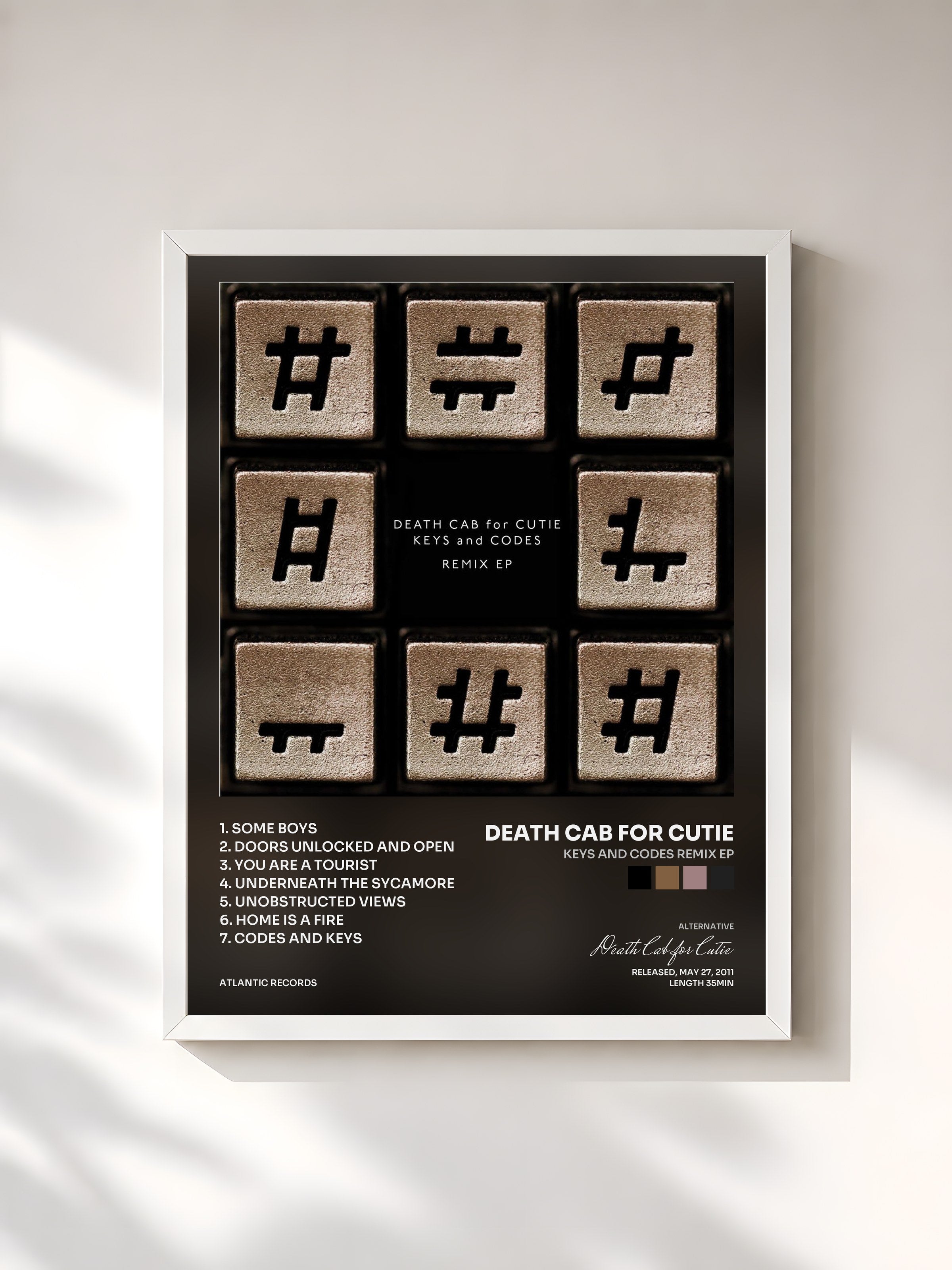 #blanc Tableau de l'album Keys and Codes Remix EP de Death Cab for Cutie, cadre blanc, imprimé et encadré en France