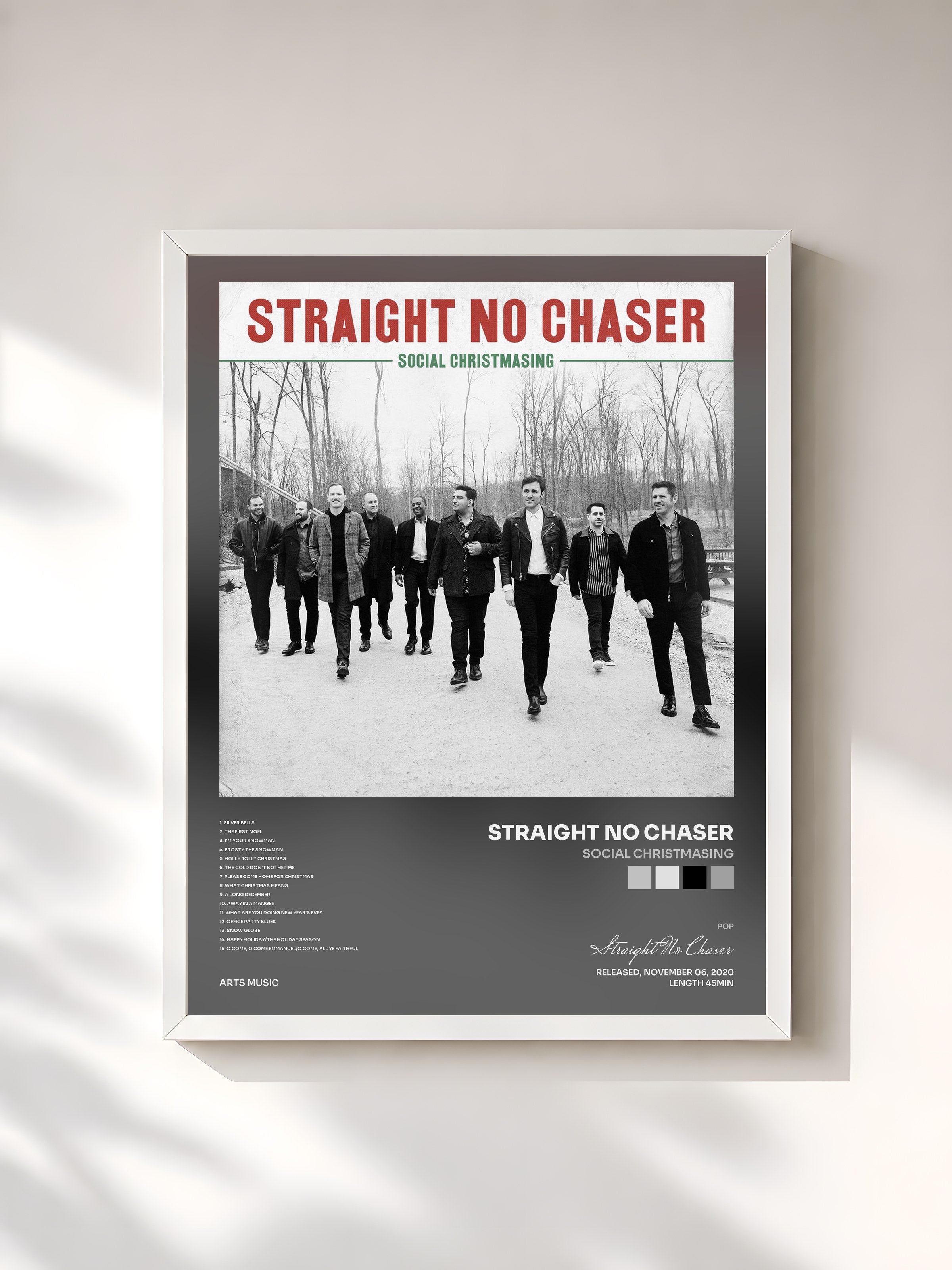 #blanc Tableau de l'album Social Christmasing de Straight No Chaser, cadre blanc, imprimé et encadré en France