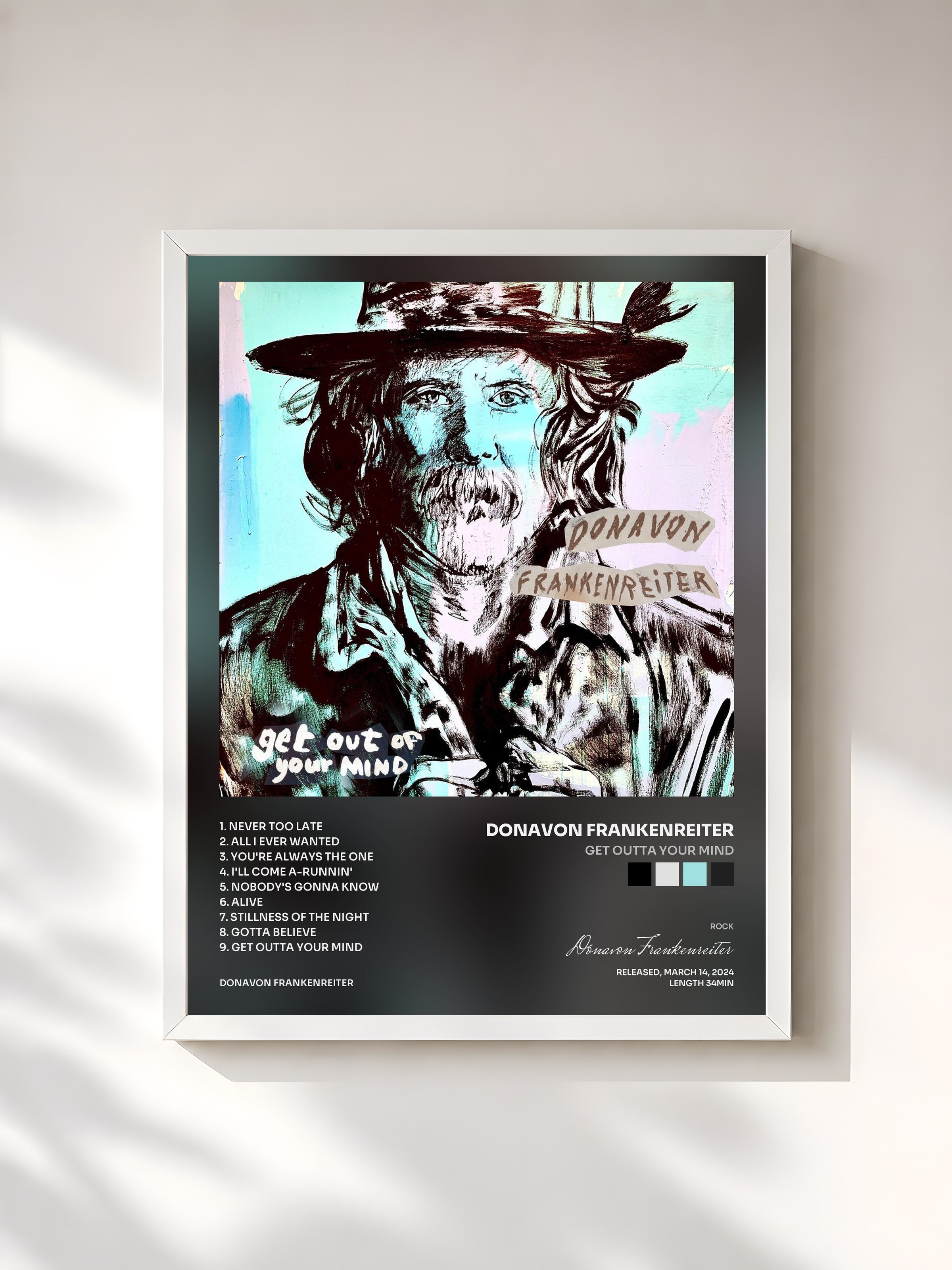 #blanc Tableau de l'album Get Outta Your Mind de Donavon Frankenreiter, cadre blanc, imprimé et encadré en France
