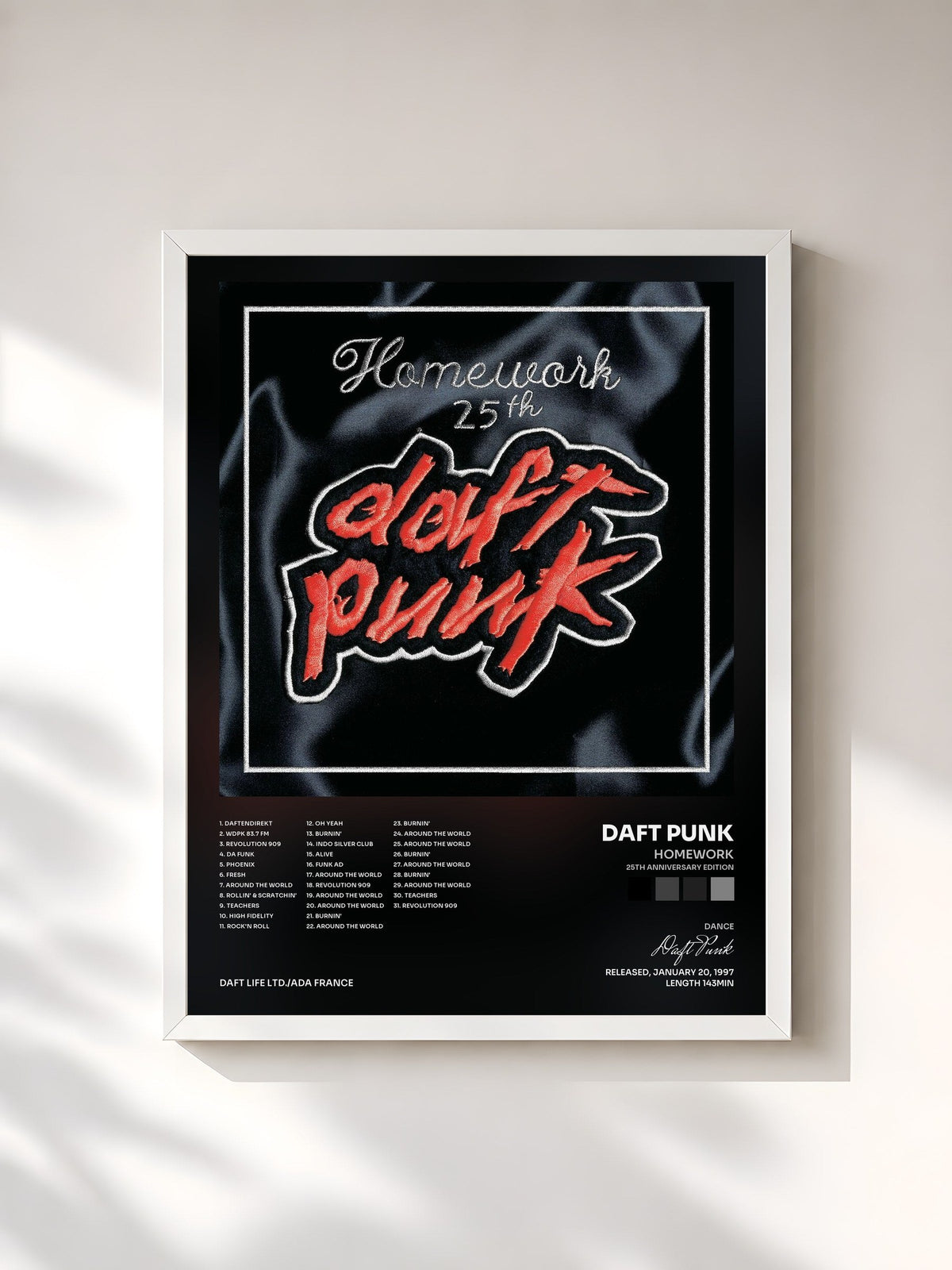 #blanc Tableau de l'album Homework (25th Anniversary Edition) de Daft Punk, cadre blanc, imprimé et encadré en France