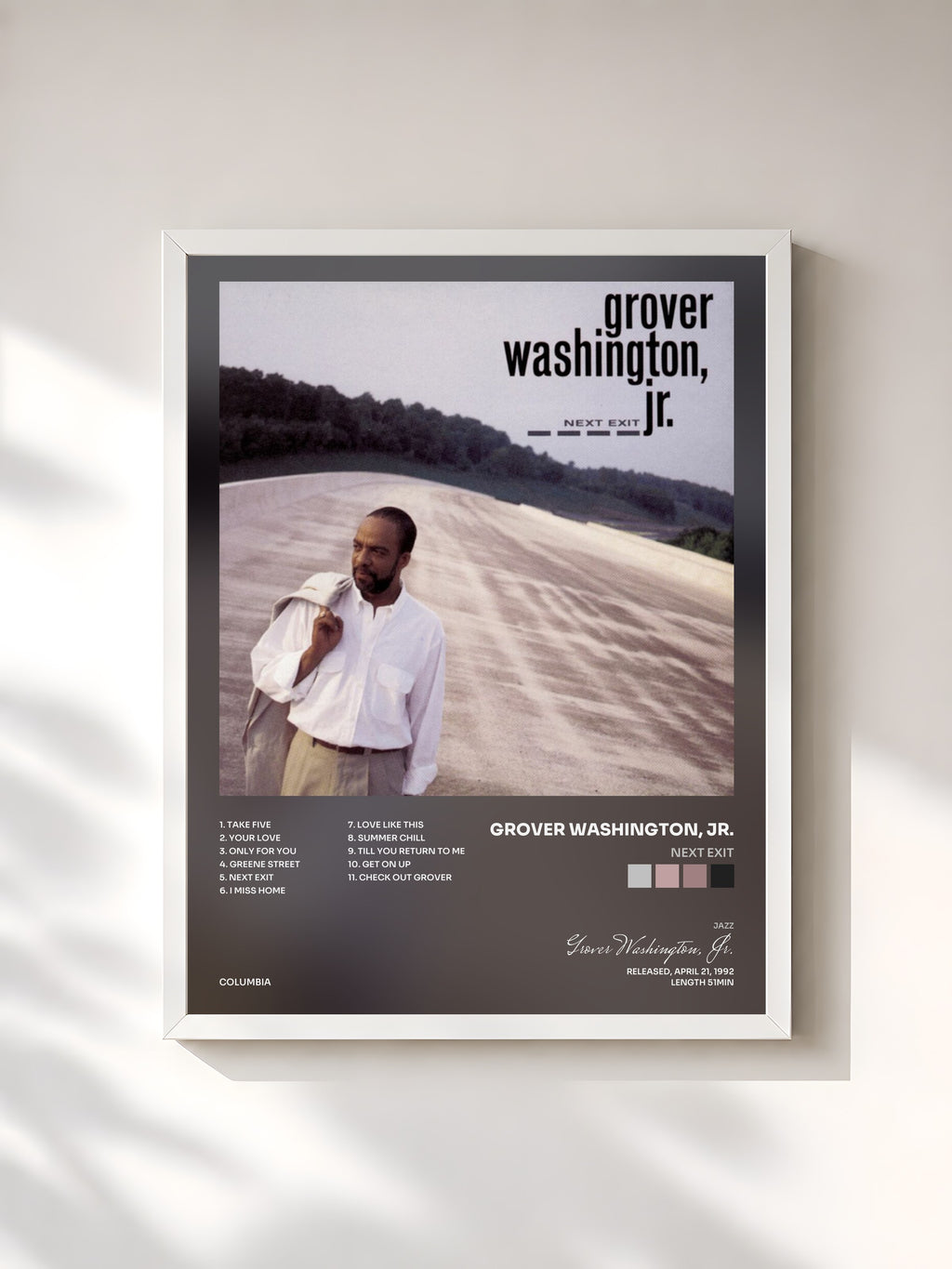 #blanc Tableau de l'album Next Exit de Grover Washington, Jr., cadre blanc, imprimé et encadré en France