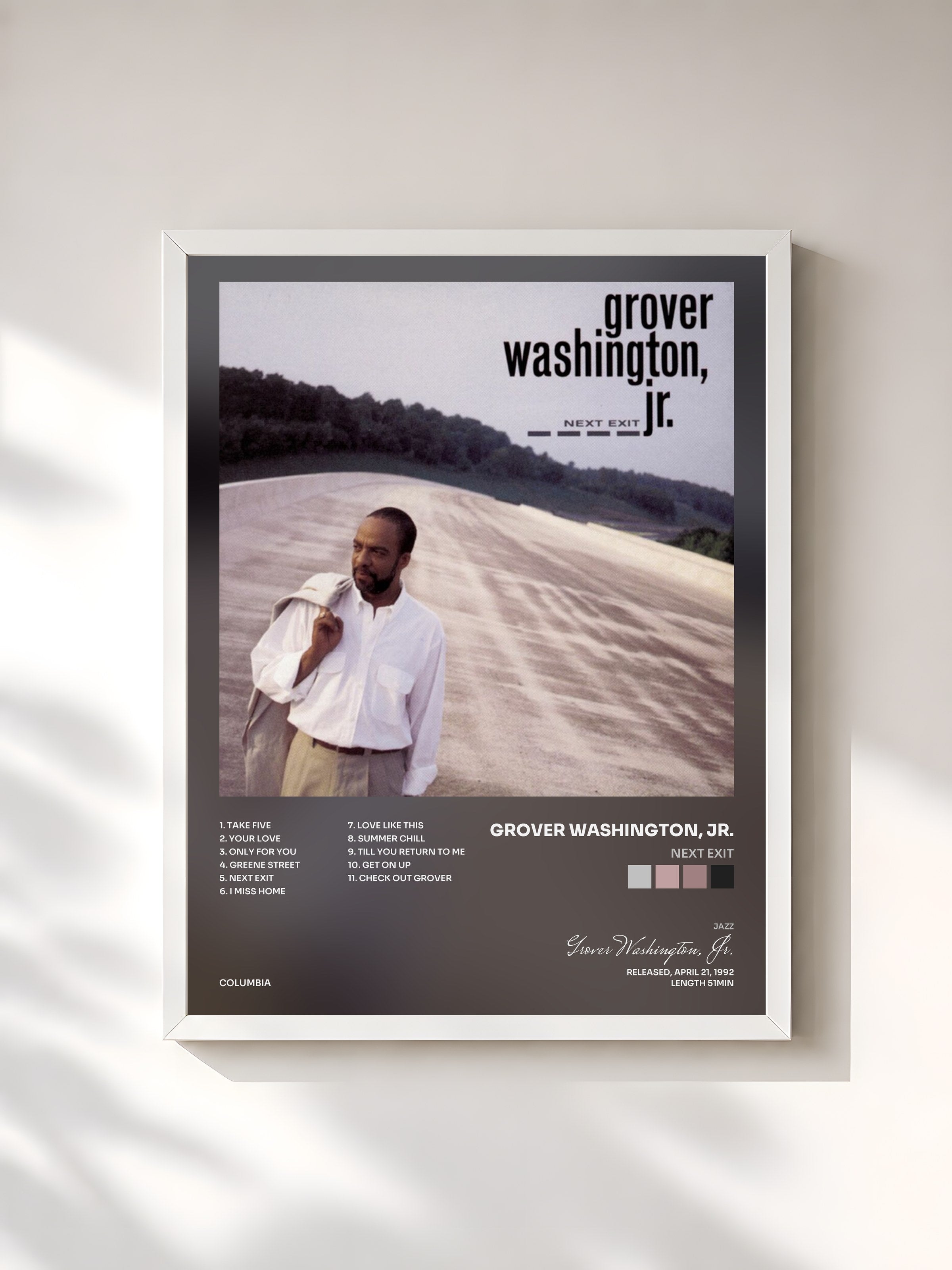 #blanc Tableau de l'album Next Exit de Grover Washington, Jr., cadre blanc, imprimé et encadré en France