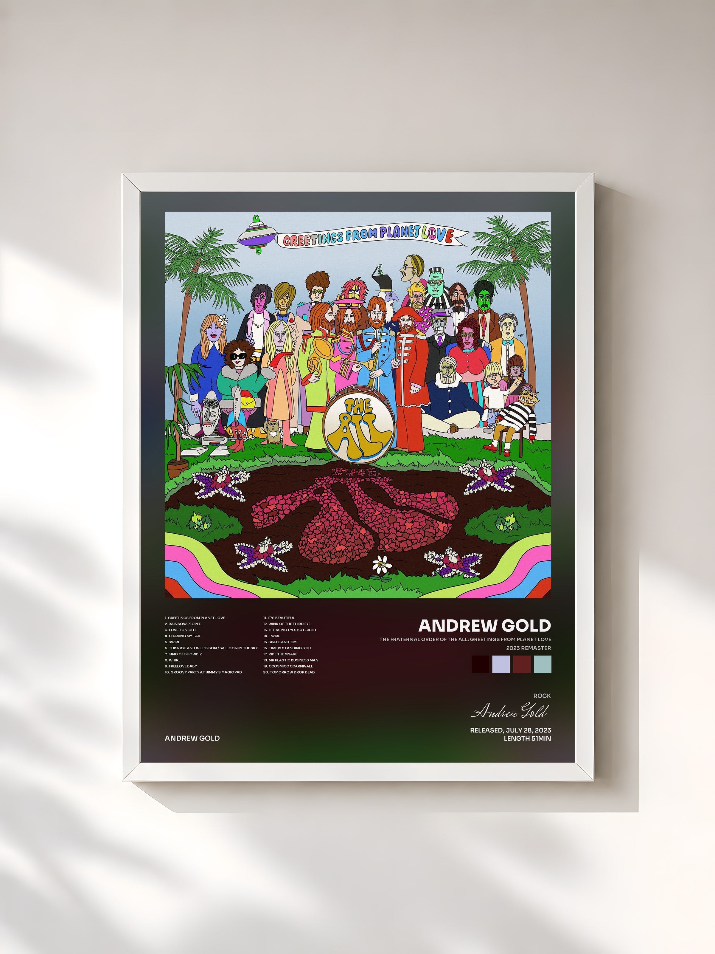 #blanc Tableau de l'album The Fraternal Order of the All: Greetings from Planet Love (2023 Remaster) de Andrew Gold, cadre blanc, imprimé et encadré en France