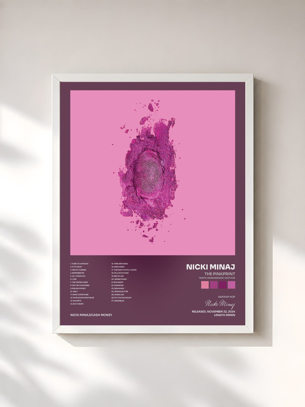#blanc Tableau de l'album The Pinkprint (Tenth Anniversary Edition) de Nicki Minaj, cadre blanc, imprimé et encadré en France
