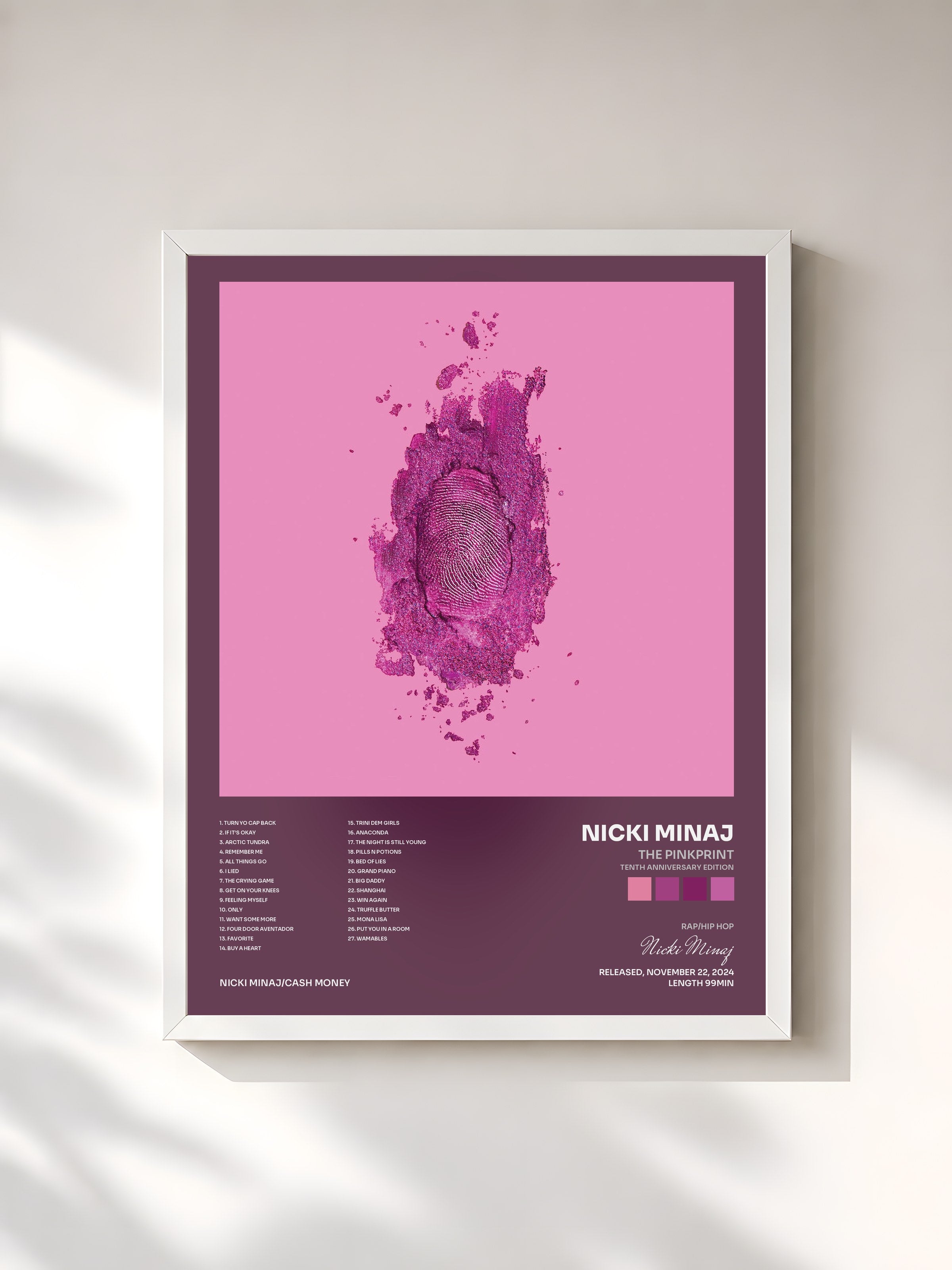 #blanc Tableau de l'album The Pinkprint (Tenth Anniversary Edition) de Nicki Minaj, cadre blanc, imprimé et encadré en France