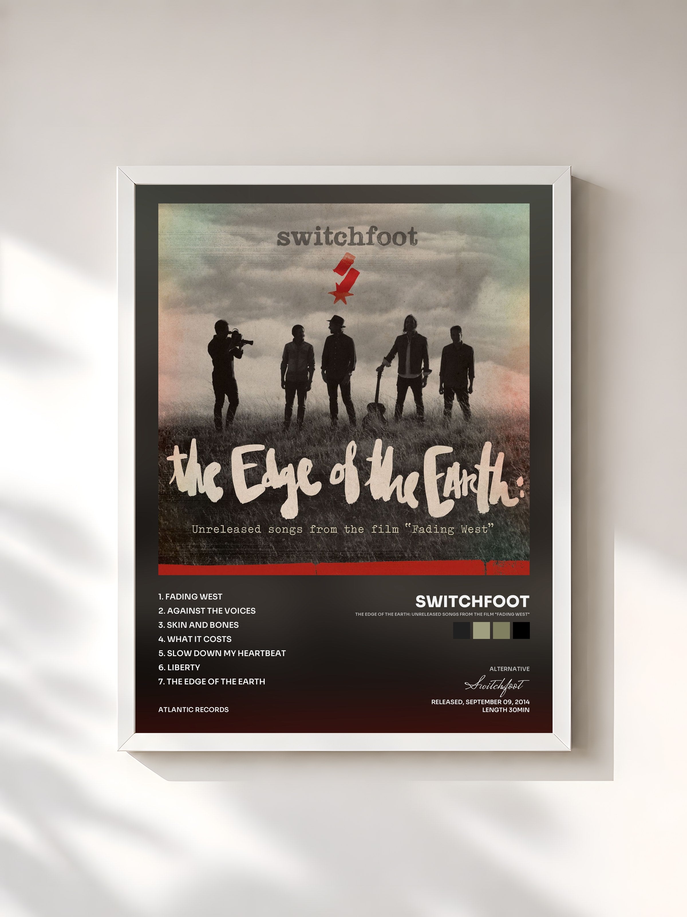 #blanc Tableau de l'album The Edge of the Earth: Unreleased Songs from the Film "Fading West" de Switchfoot, cadre blanc, imprimé et encadré en France