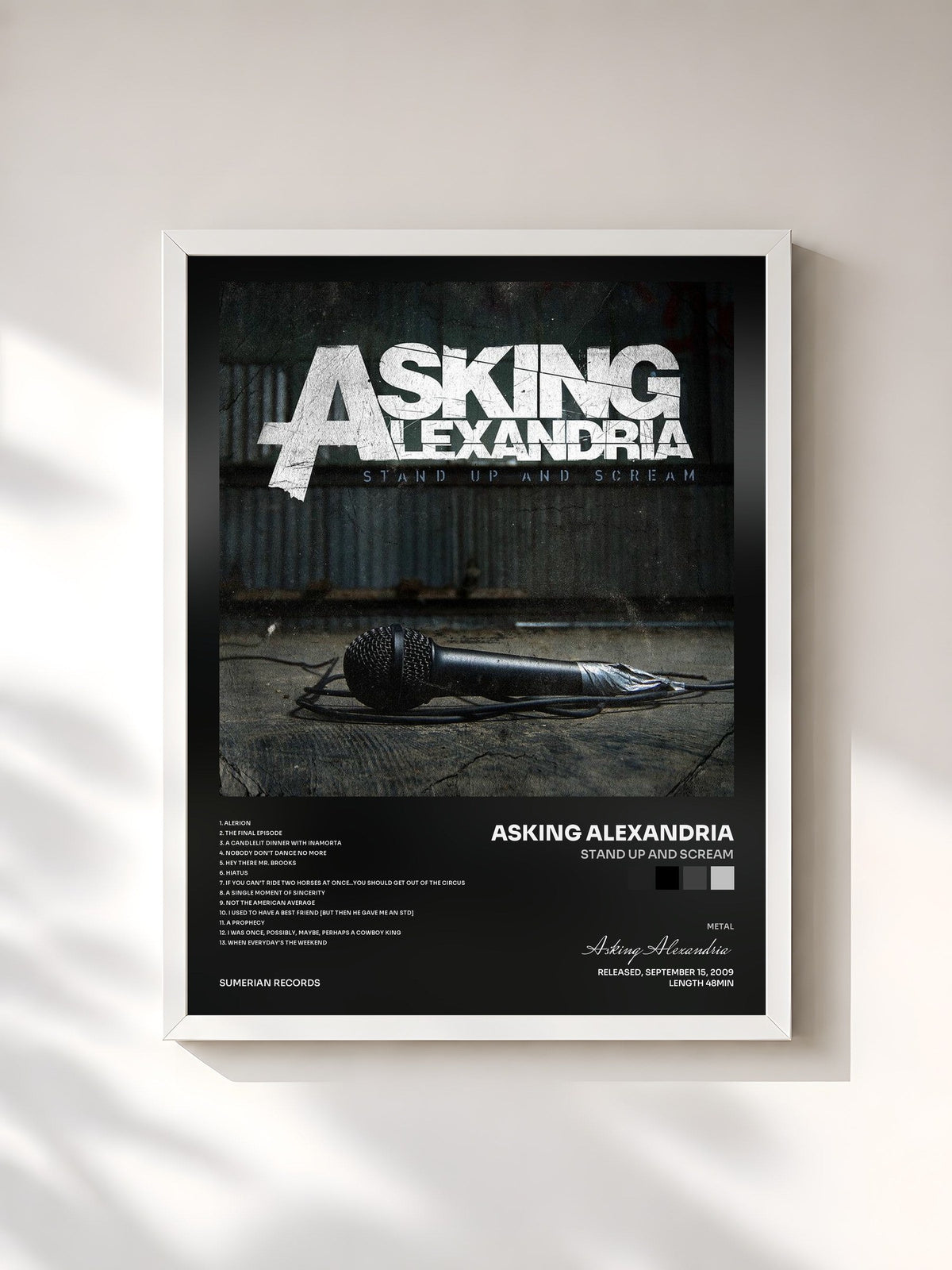 #blanc Tableau de l'album Stand Up And Scream de Asking Alexandria, cadre blanc, imprimé et encadré en France