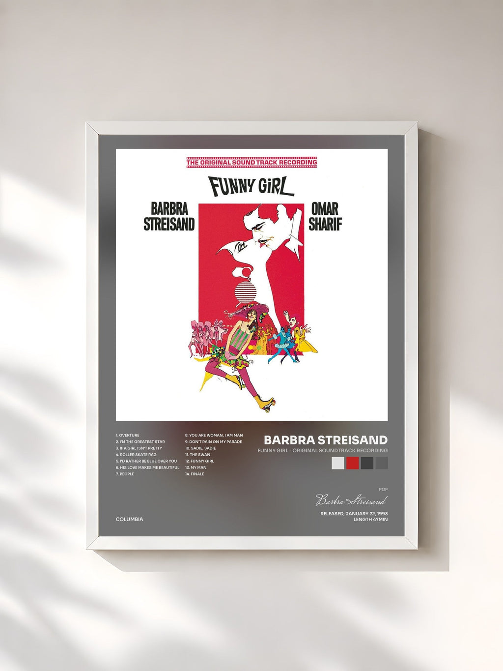 #blanc Funny Girl - Original Soundtrack Recording by Barbra Streisand as a framed art print, white frame, printed and framed in France
