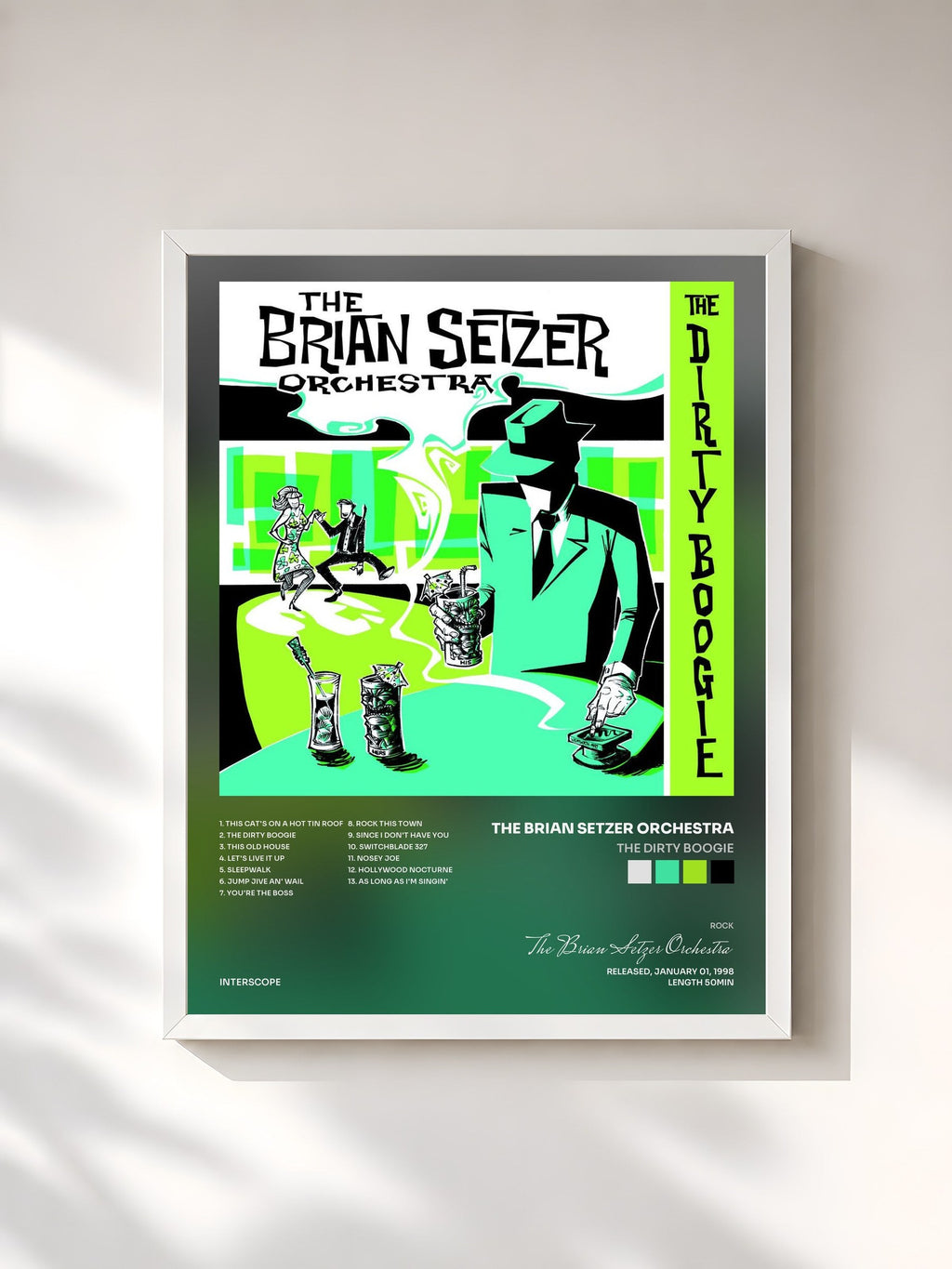#blanc The Dirty Boogie di The Brian Setzer Orchestra in stampa incorniciata, cornice bianca, stampata e incorniciata in Francia