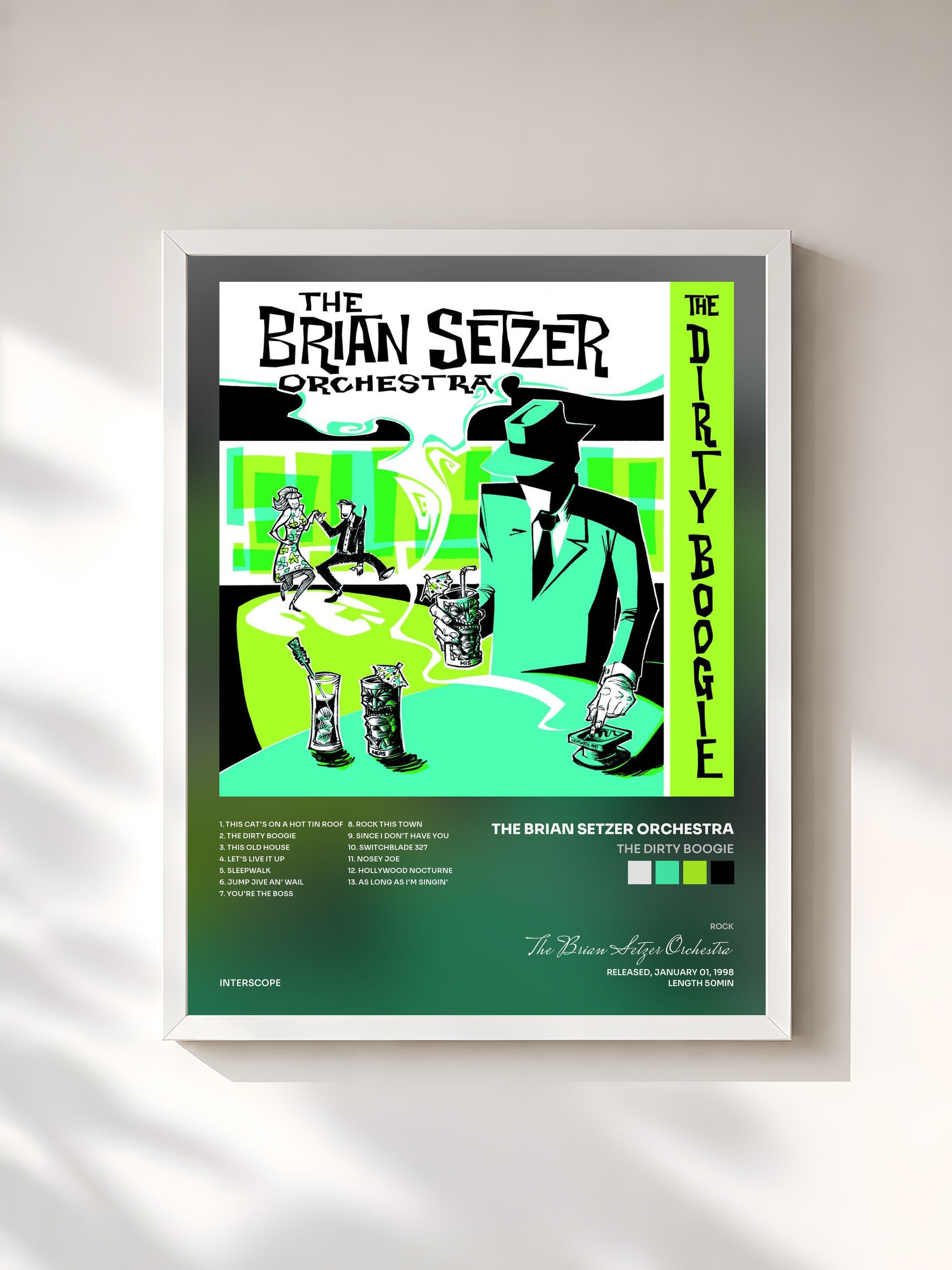#blanc Tableau de l'album The Dirty Boogie de The Brian Setzer Orchestra, cadre blanc, imprimé et encadré en France