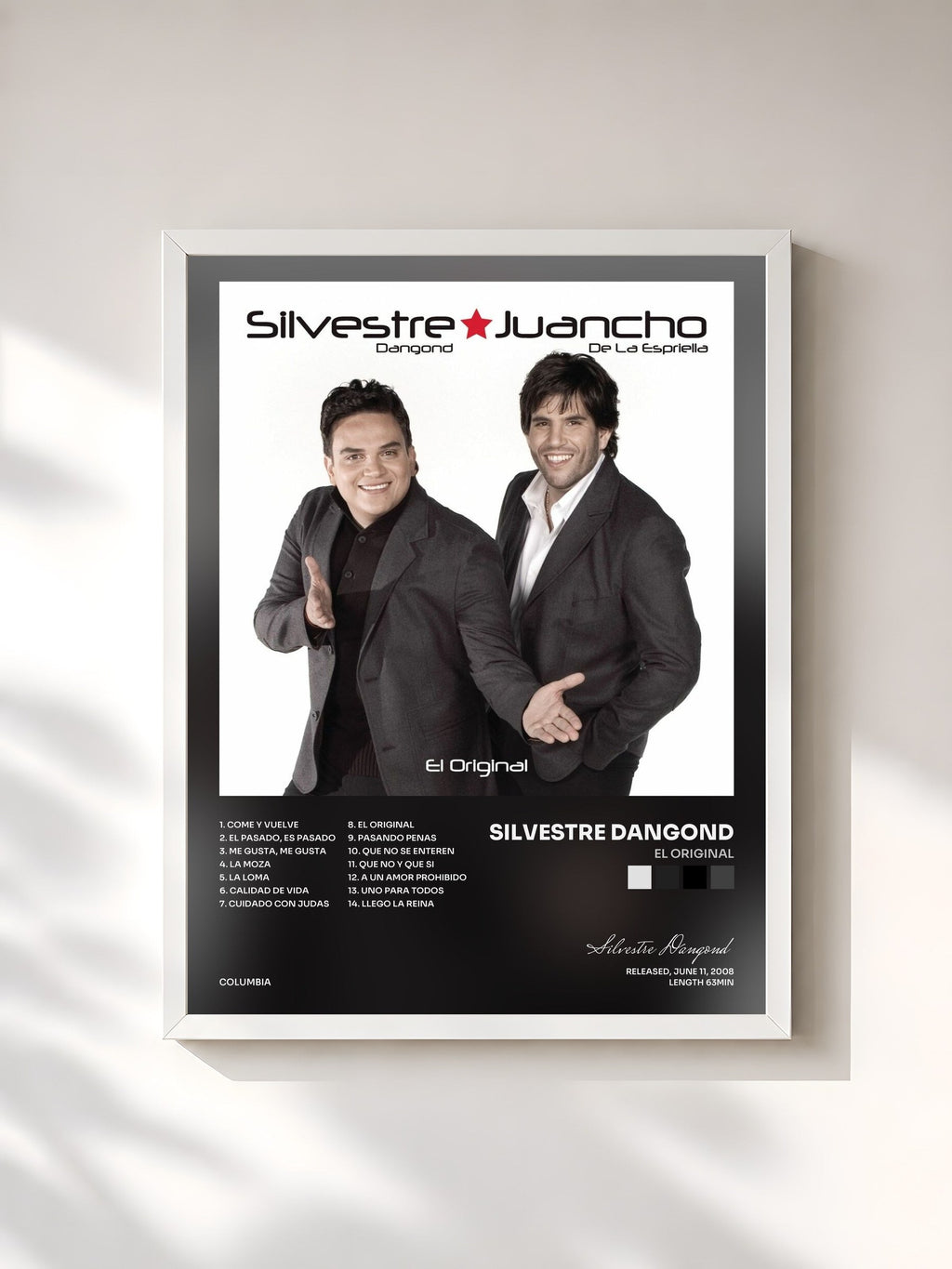 #blanc Tableau de l'album El Original de Silvestre Dangond, cadre blanc, imprimé et encadré en France