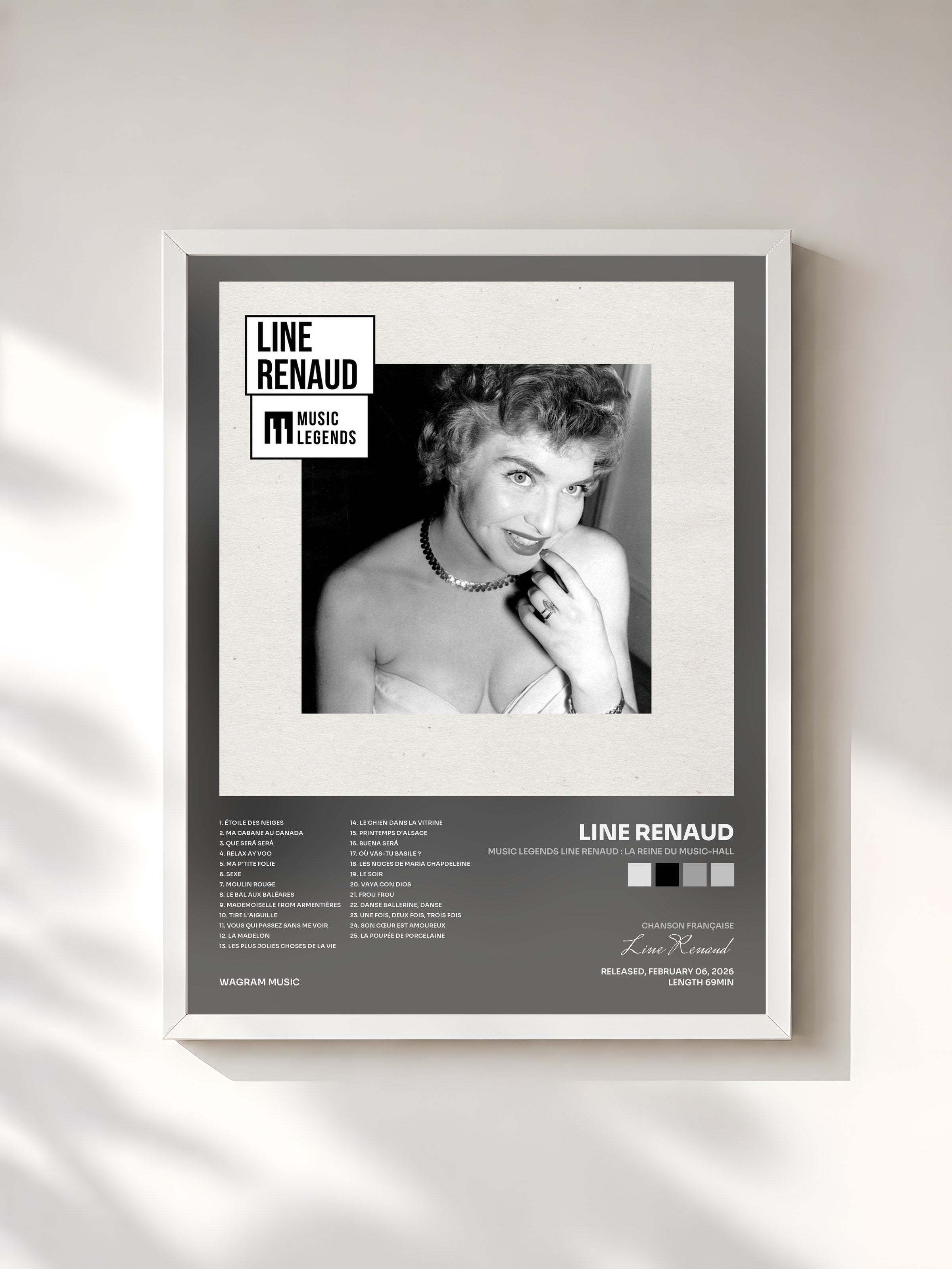 #blanc Tableau de l'album Music Legends Line Renaud : La Reine du Music-Hall de Line Renaud, cadre blanc, imprimé et encadré en France
