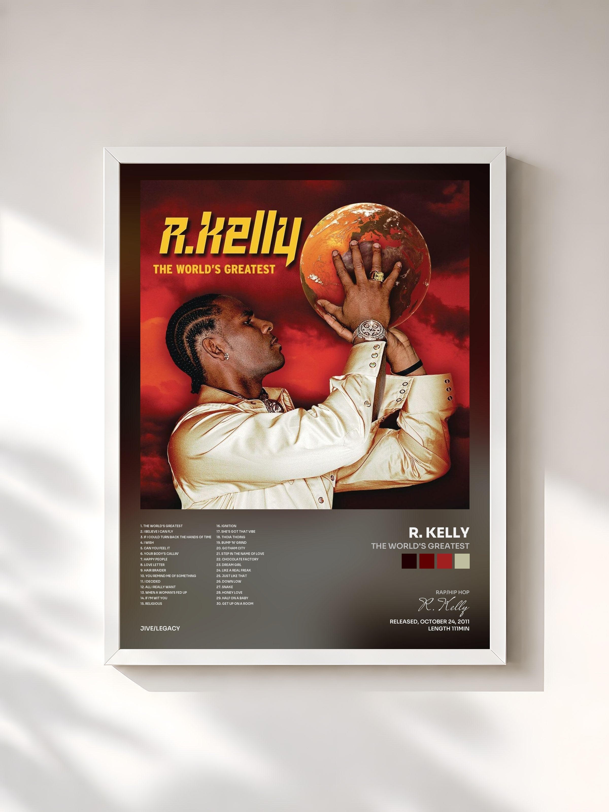 #blanc Tableau de l'album The World's Greatest de R. Kelly, cadre blanc, imprimé et encadré en France