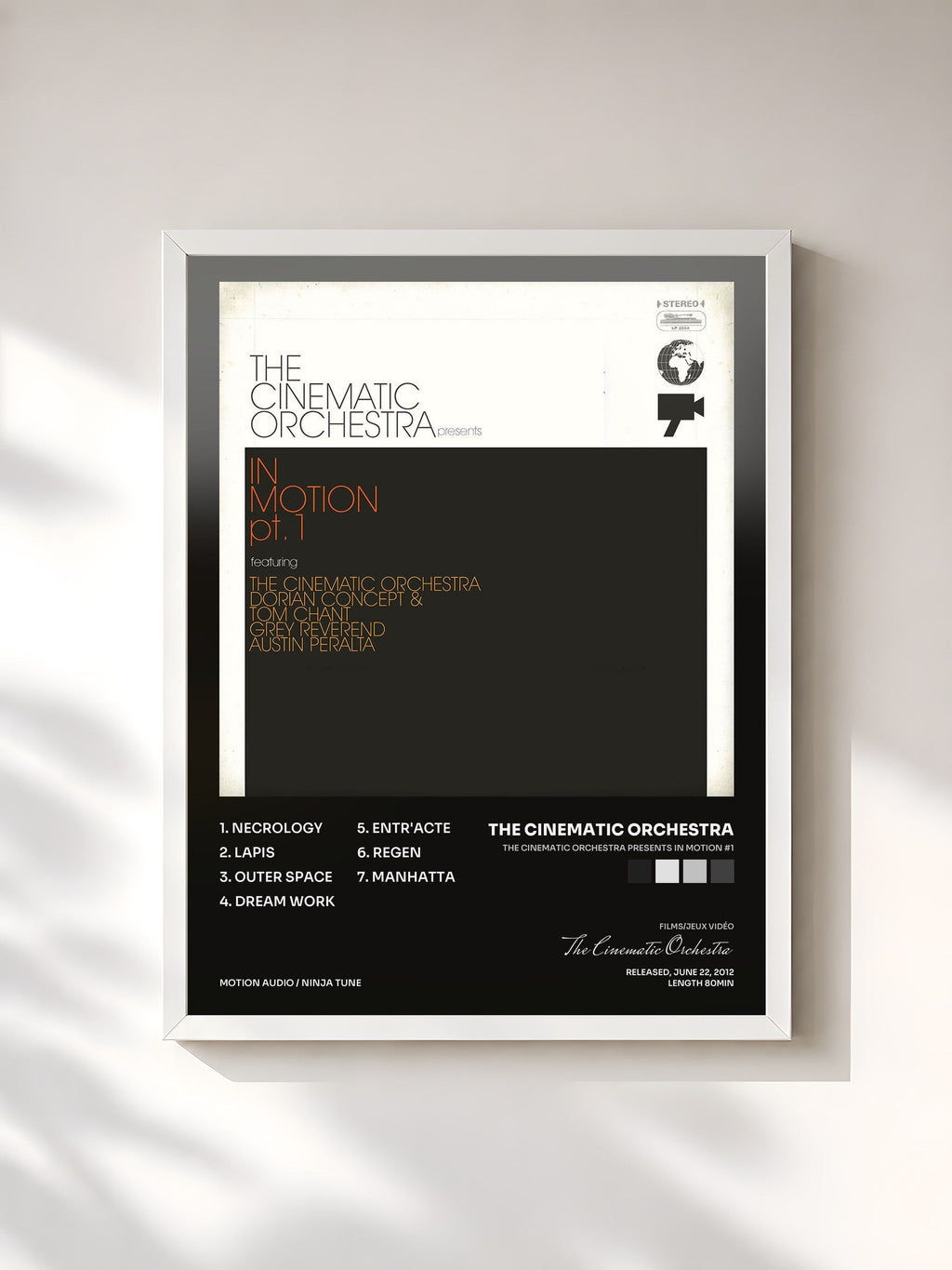 #blanc The Cinematic Orchestra presents In Motion #1 by The Cinematic Orchestra as a framed art print, white frame, printed and framed in France