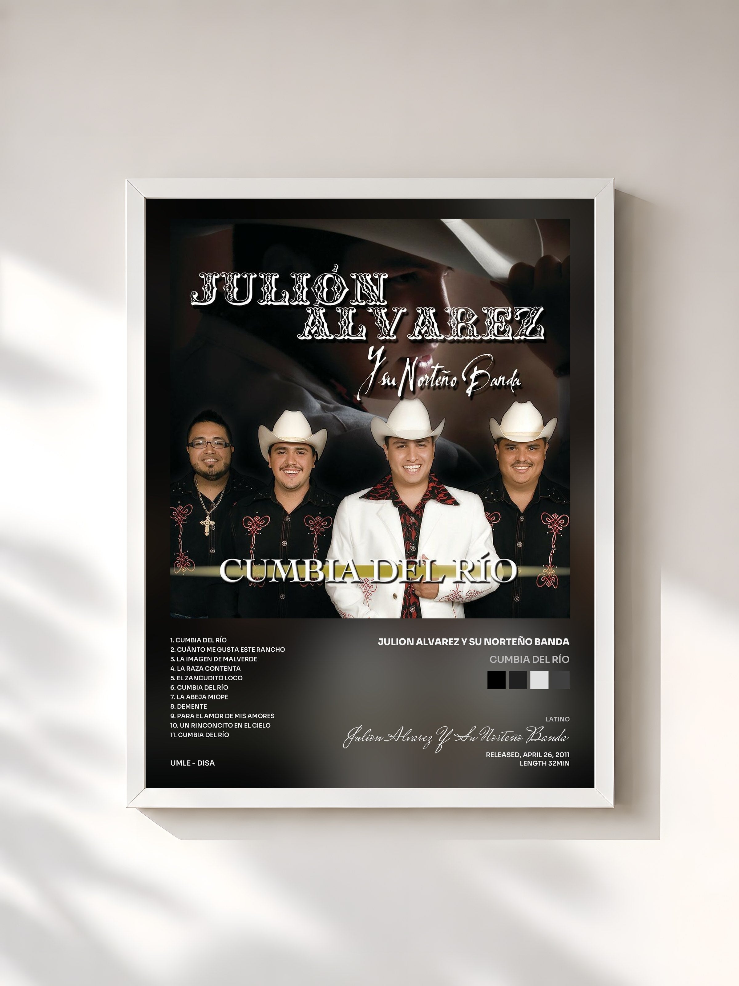 #blanc Tableau de l'album Cumbia Del Río de Julion Alvarez Y Su Norteño Banda, cadre blanc, imprimé et encadré en France