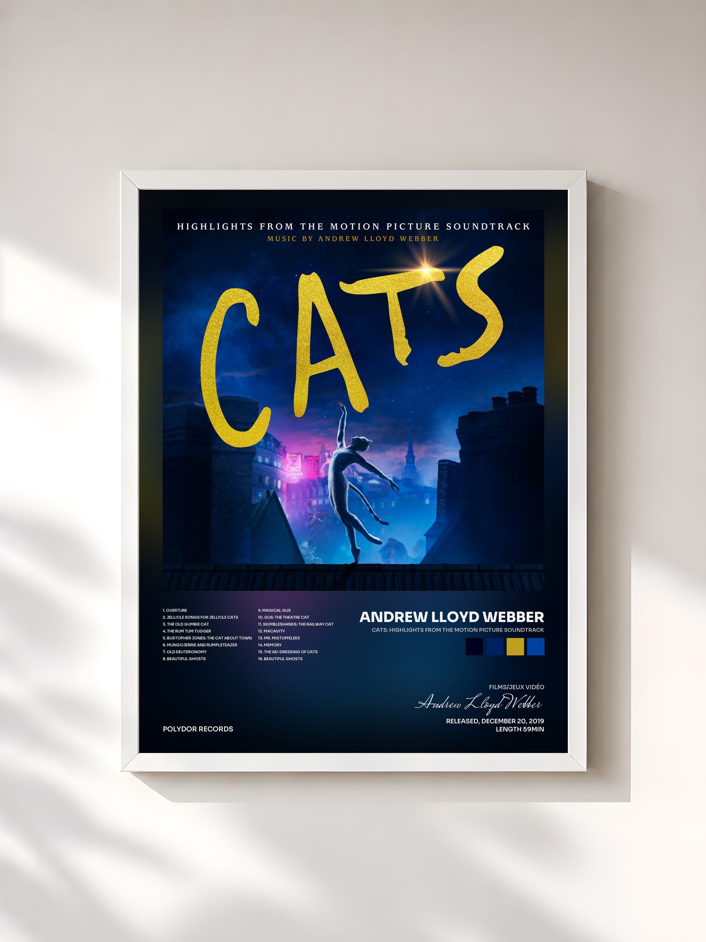 #blanc Tableau de l'album Cats: Highlights From The Motion Picture Soundtrack de Andrew Lloyd Webber, cadre blanc, imprimé et encadré en France