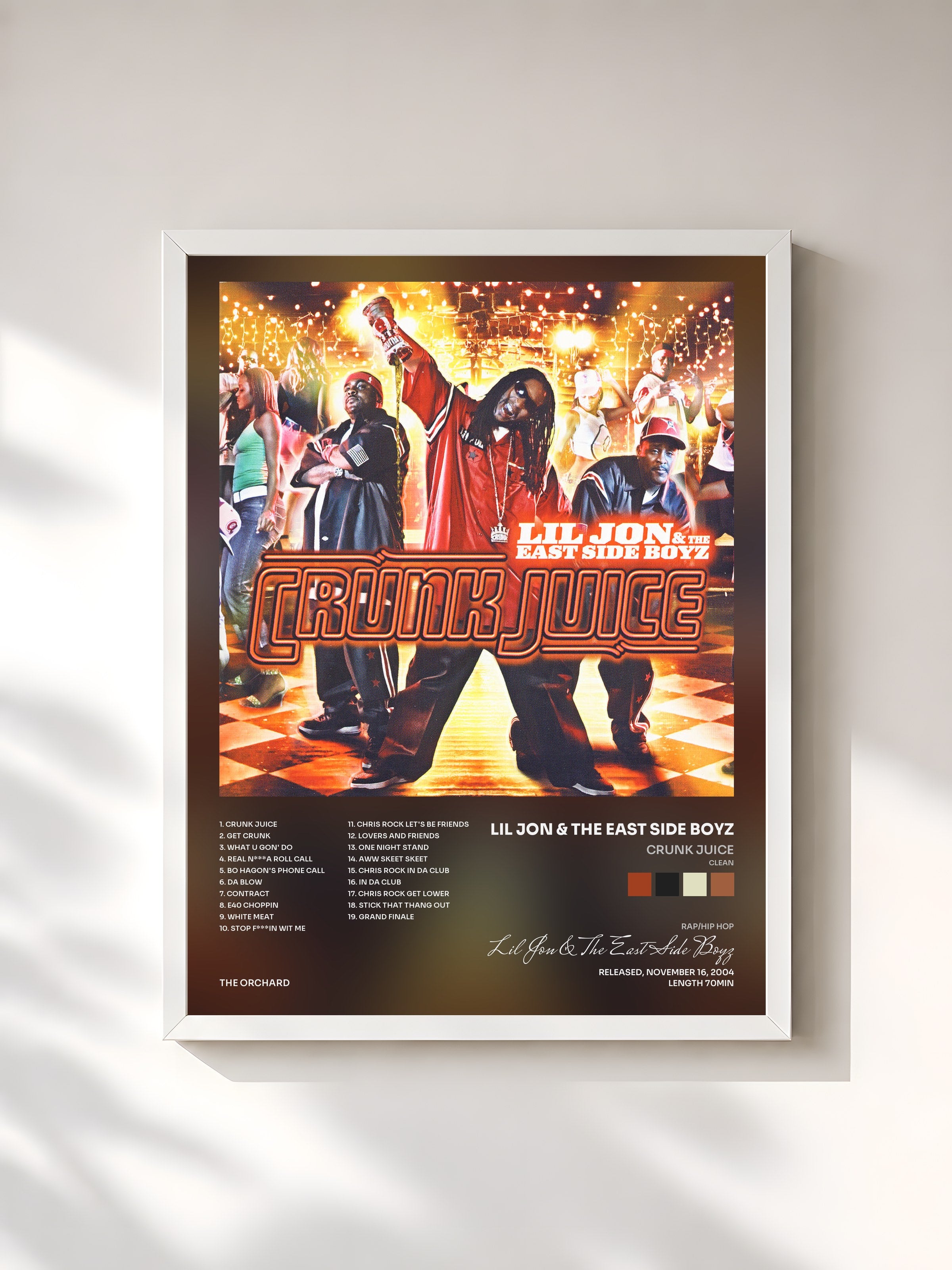 #blanc Tableau de l'album Crunk Juice (Clean) de Lil Jon & The East Side Boyz, cadre blanc, imprimé et encadré en France