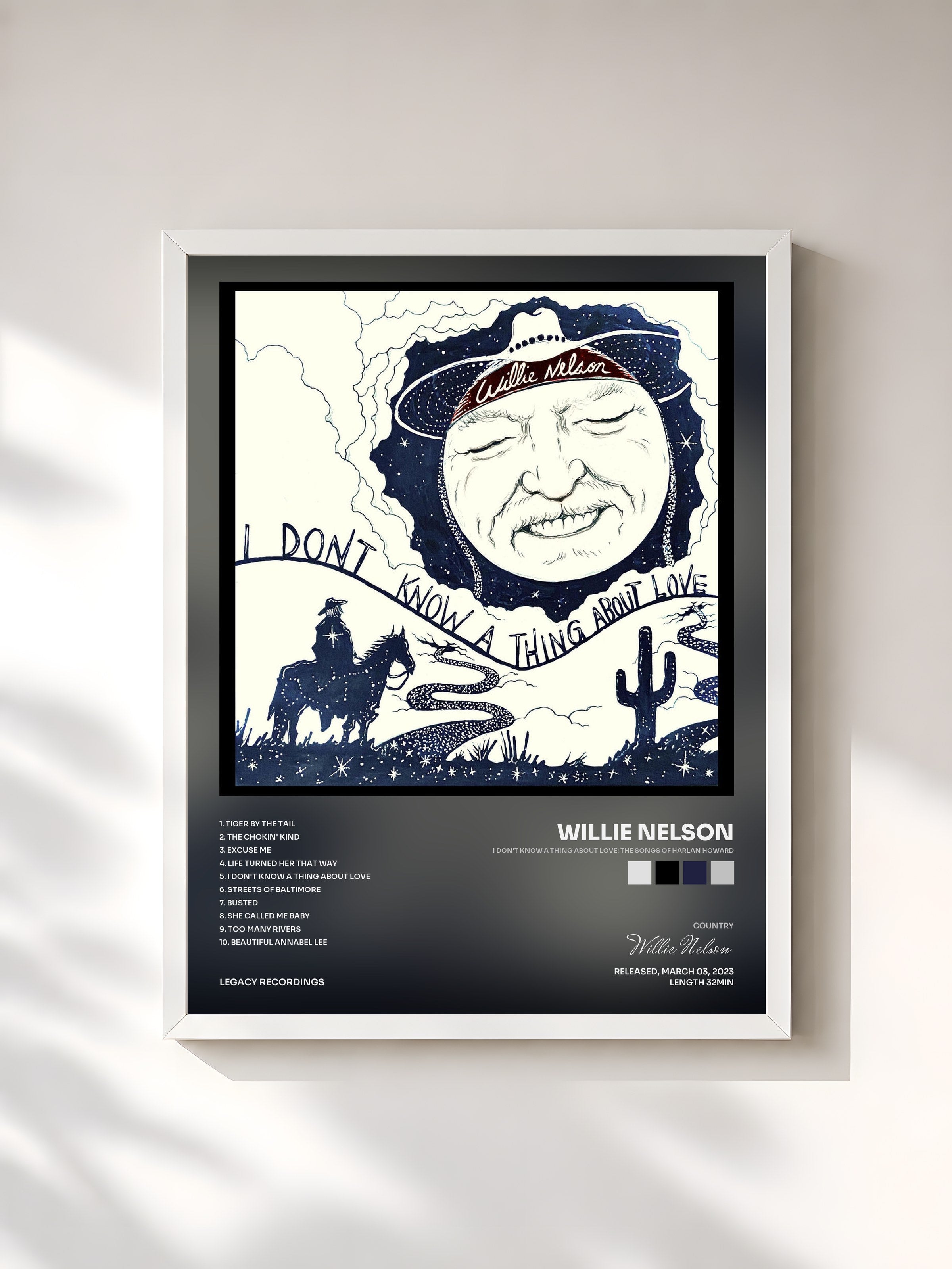 #blanc Tableau de l'album I Don't Know A Thing About Love: The Songs of Harlan Howard de Willie Nelson, cadre blanc, imprimé et encadré en France